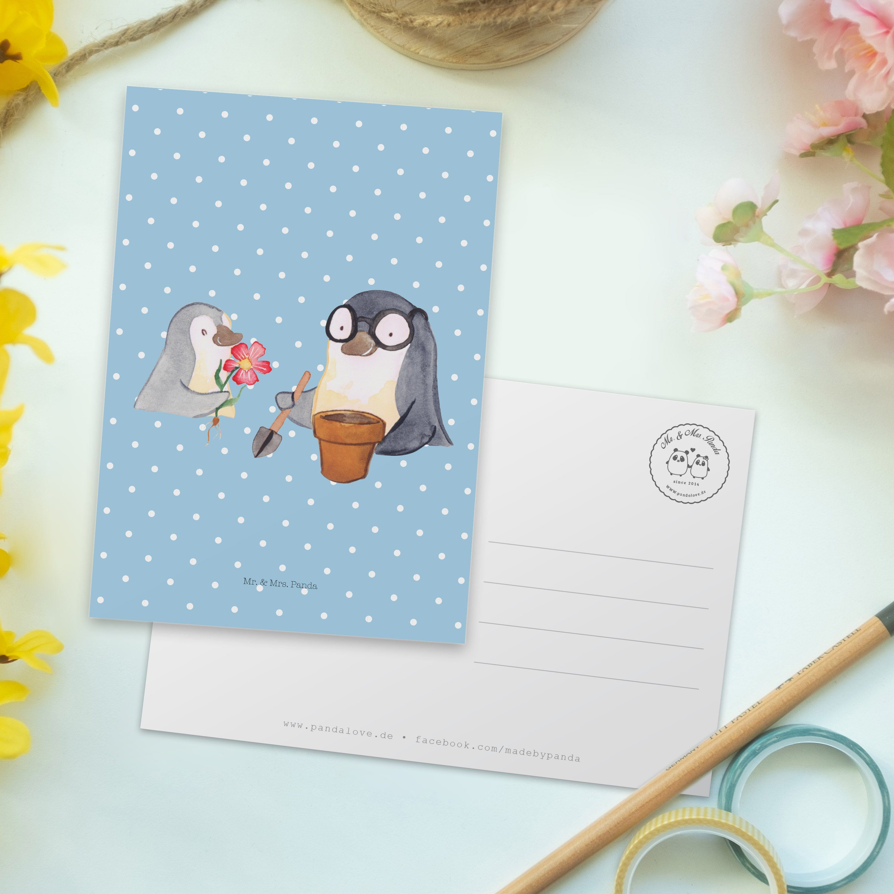 Pastell Geschenk, Mr. - - Panda pflanzen Karte, Opa Postkarte Pinguin Blumen Blau Mrs. & Lieblin