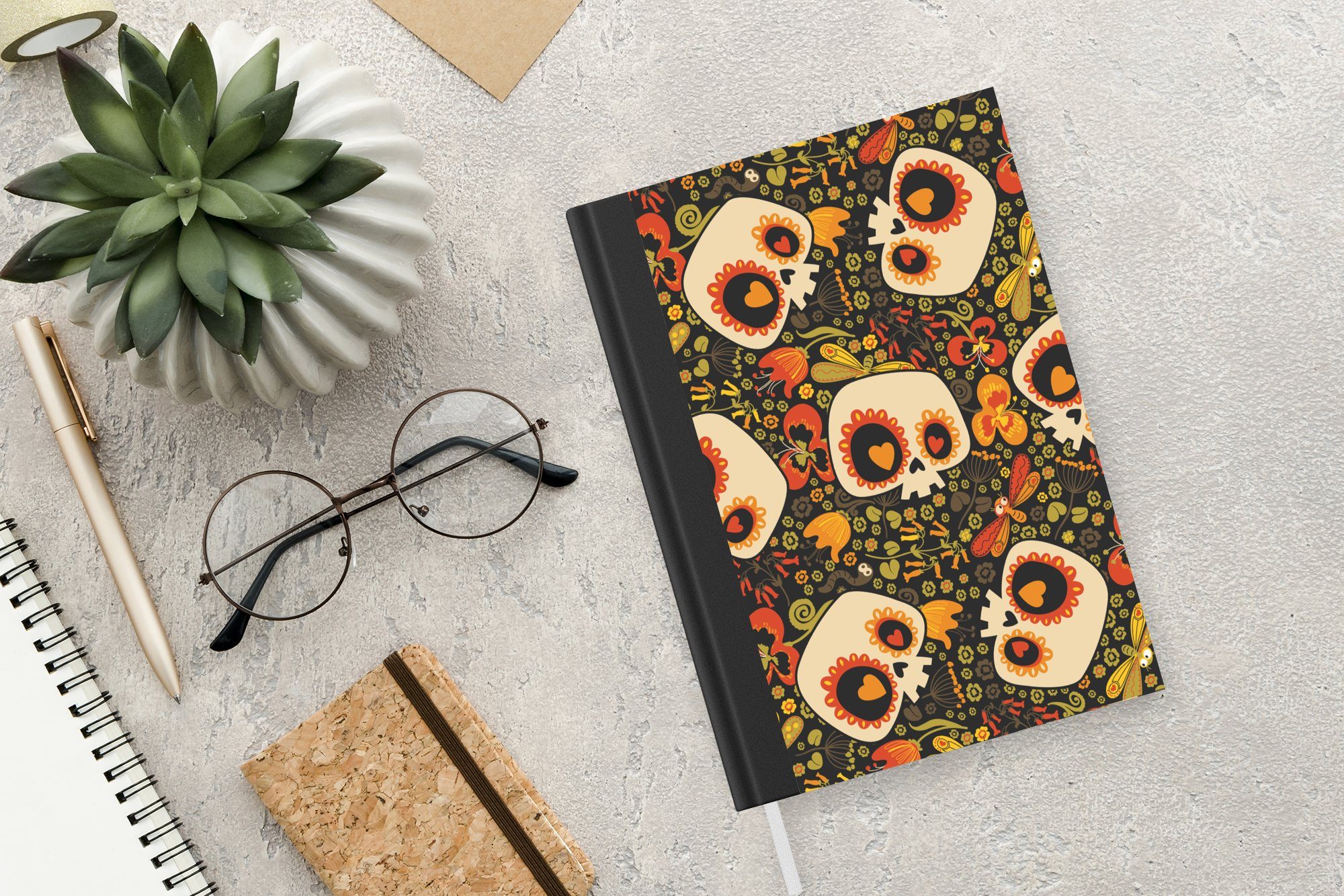 Totenkopf Blumen, 98 Haushaltsbuch Journal, MuchoWow Seiten, Notizheft, Notizbuch - A5, Muster Tagebuch, Merkzettel, -