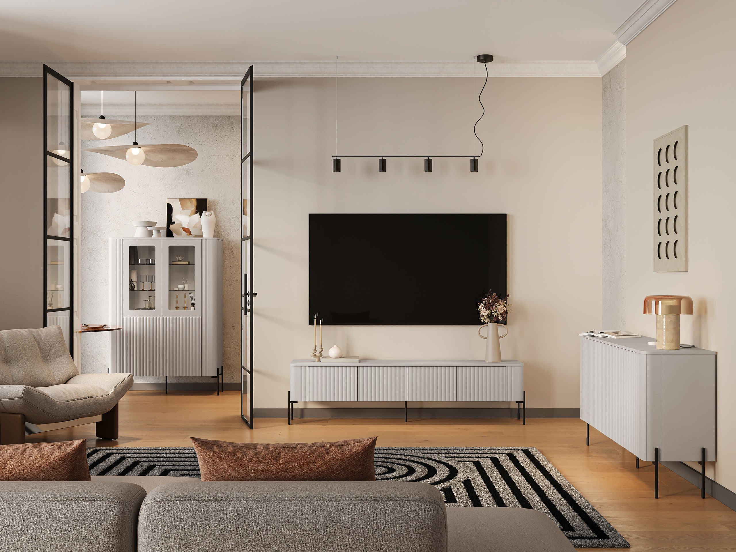 MIRJAN24 Wohnzimmer-Set Vera I, (3er-Set, Kommode, TV-Lowboard, Vitrine), Schwarze Metallfüße