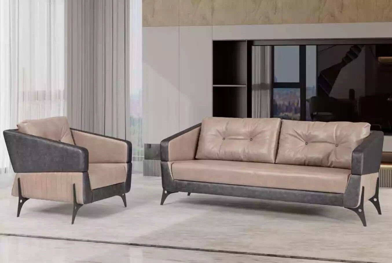 JVmoebel Sofa Luxus Sofagarnitur Arbeitszimmer Made in Europe Beige Sessel Sofa Dreisitzer