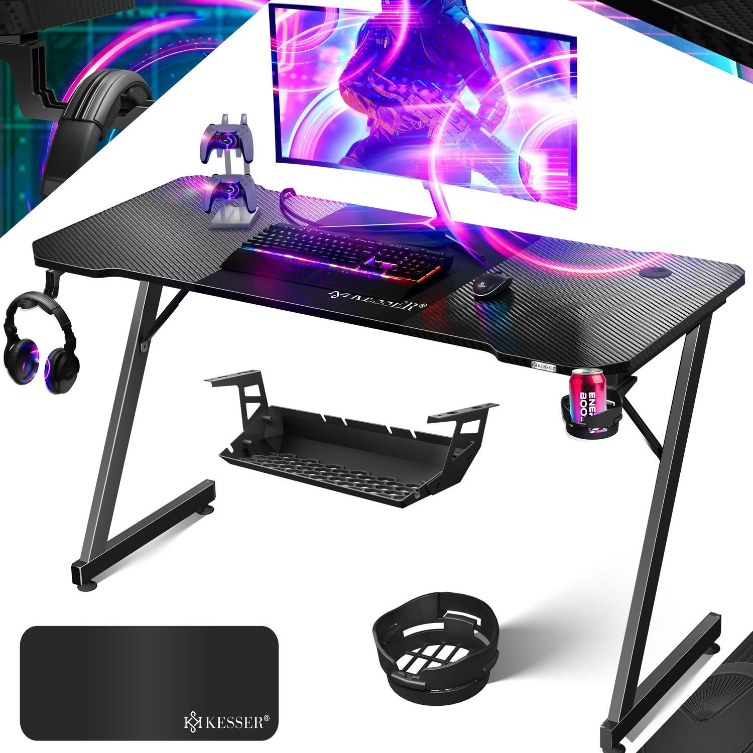 KESSER Gamingtisch, Gaming Schreibtisch mit Getränkehalter Ergonomischer Gamer Tisch