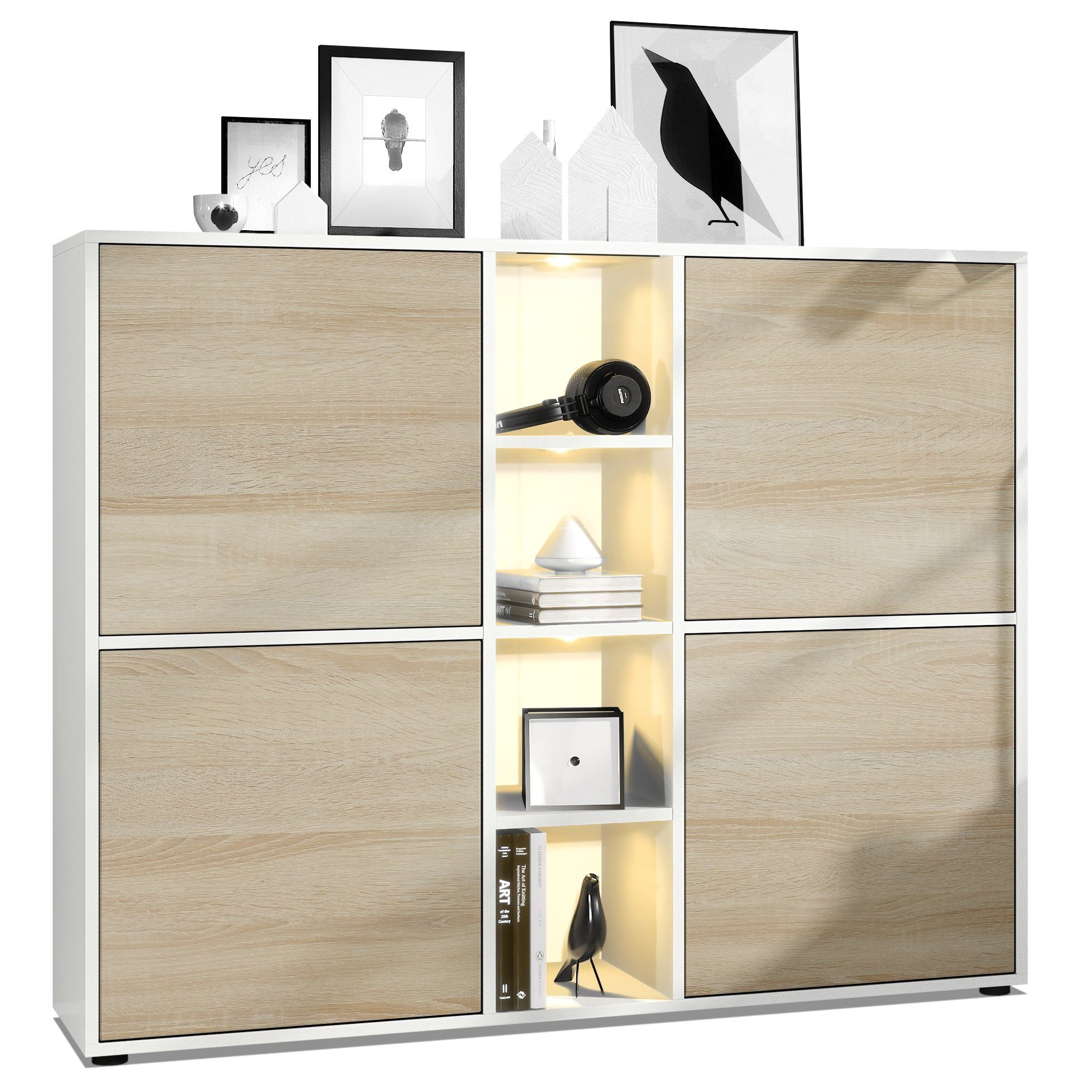 Vladon Highboard Cuba V3 (Highboard, mit 12 Fächern, inkl. RGB LED Beleuchtung), Korpus in Weiß matt / Fronten in Eiche sägerau (130,5x105,5x35,5 cm)
