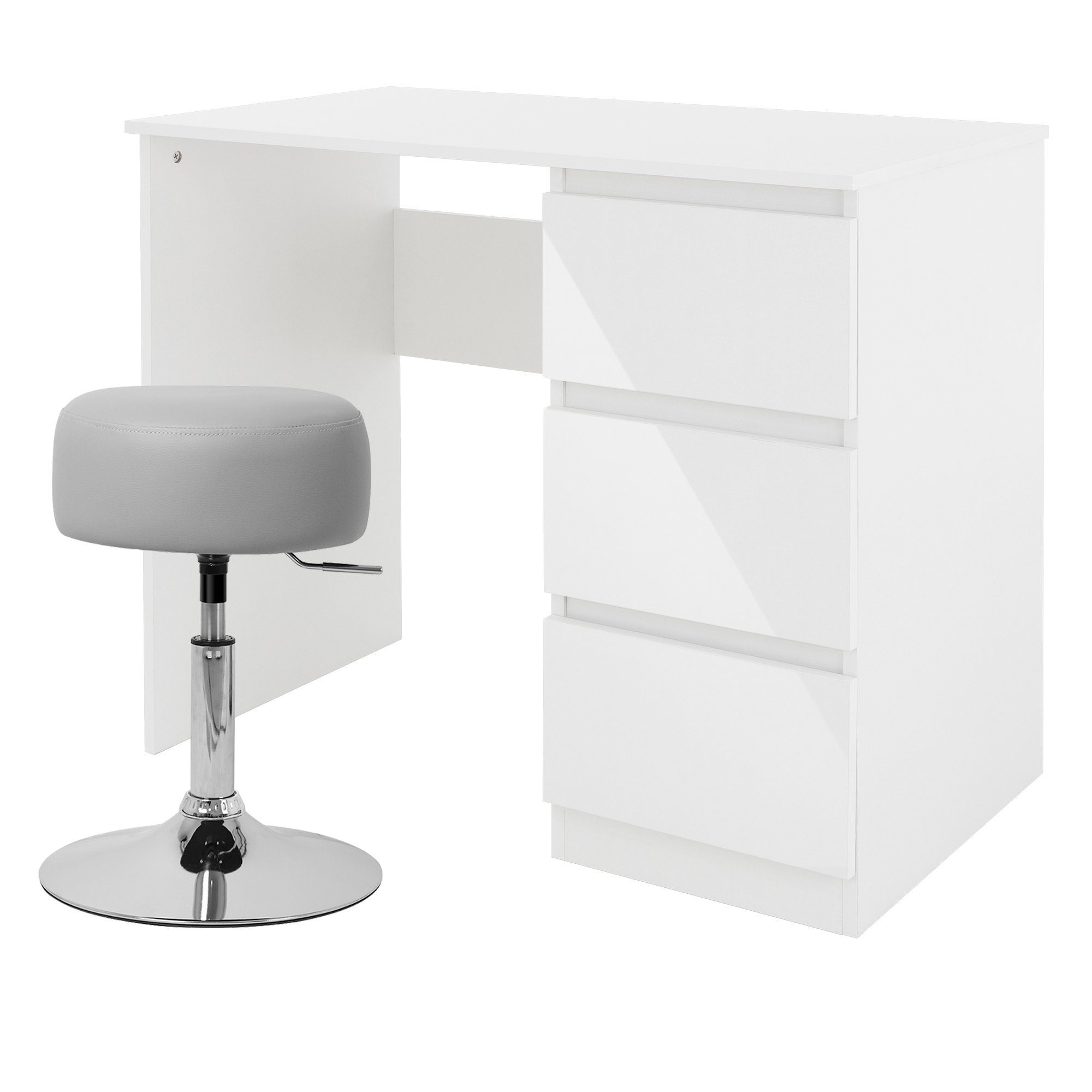 ML-DESIGN Schreibtisch Bürotisch mit 3 Schubladen aus Holz PC Tisch, Schreibtisch Weiß Hochglanz 90x76x50 mit Barhocker Hellgrau PC modern