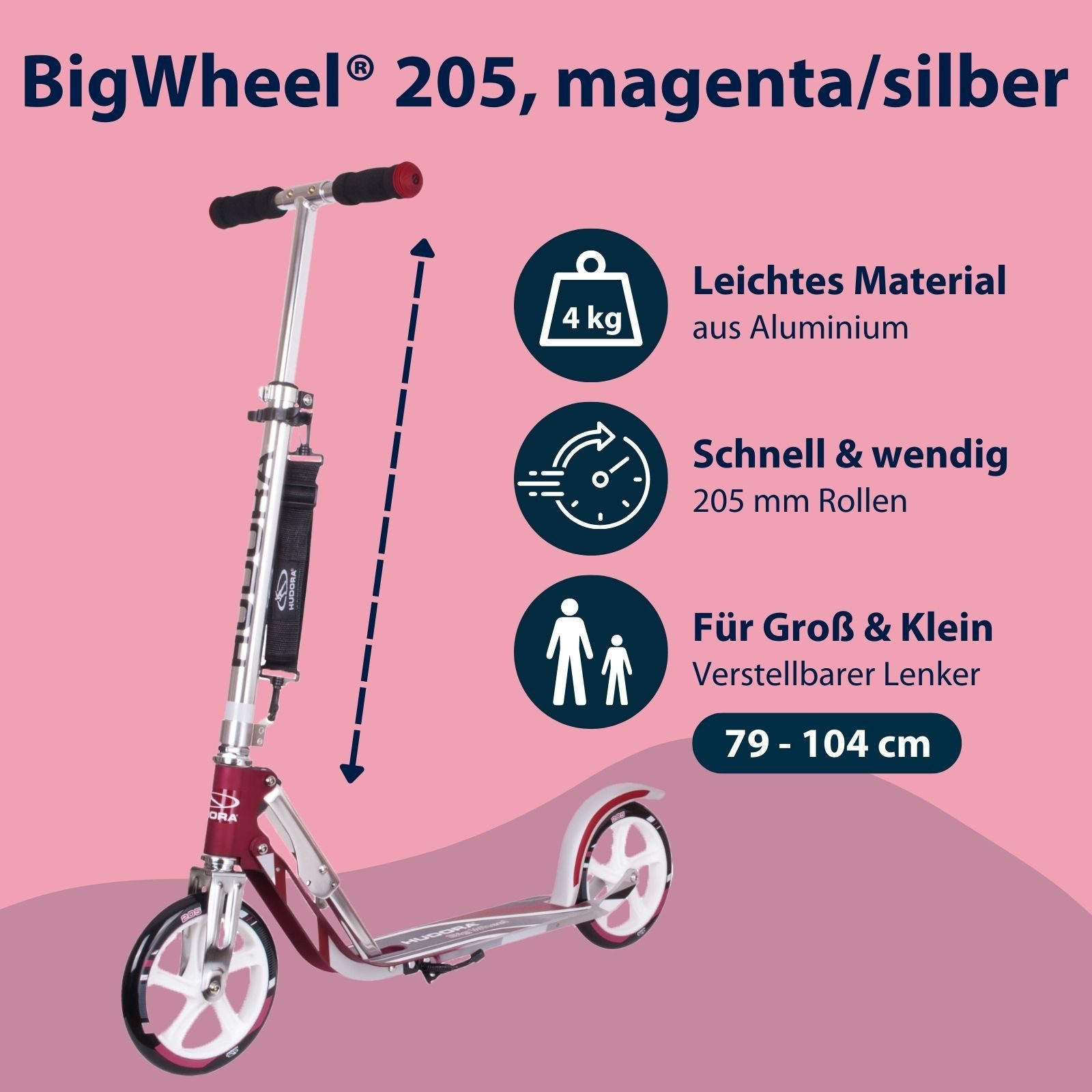 Hudora Cityroller BigWheel® 205 Tretroller - Höhenverstellbar & zusammenklappbar, (Kinder- & Erwachsenenroller für bis zu 100kg - Tretroller mit Ständer, Stabiler Aluminium-Roller), einklappbarer, höhenverstellbarer Kick-Scooter