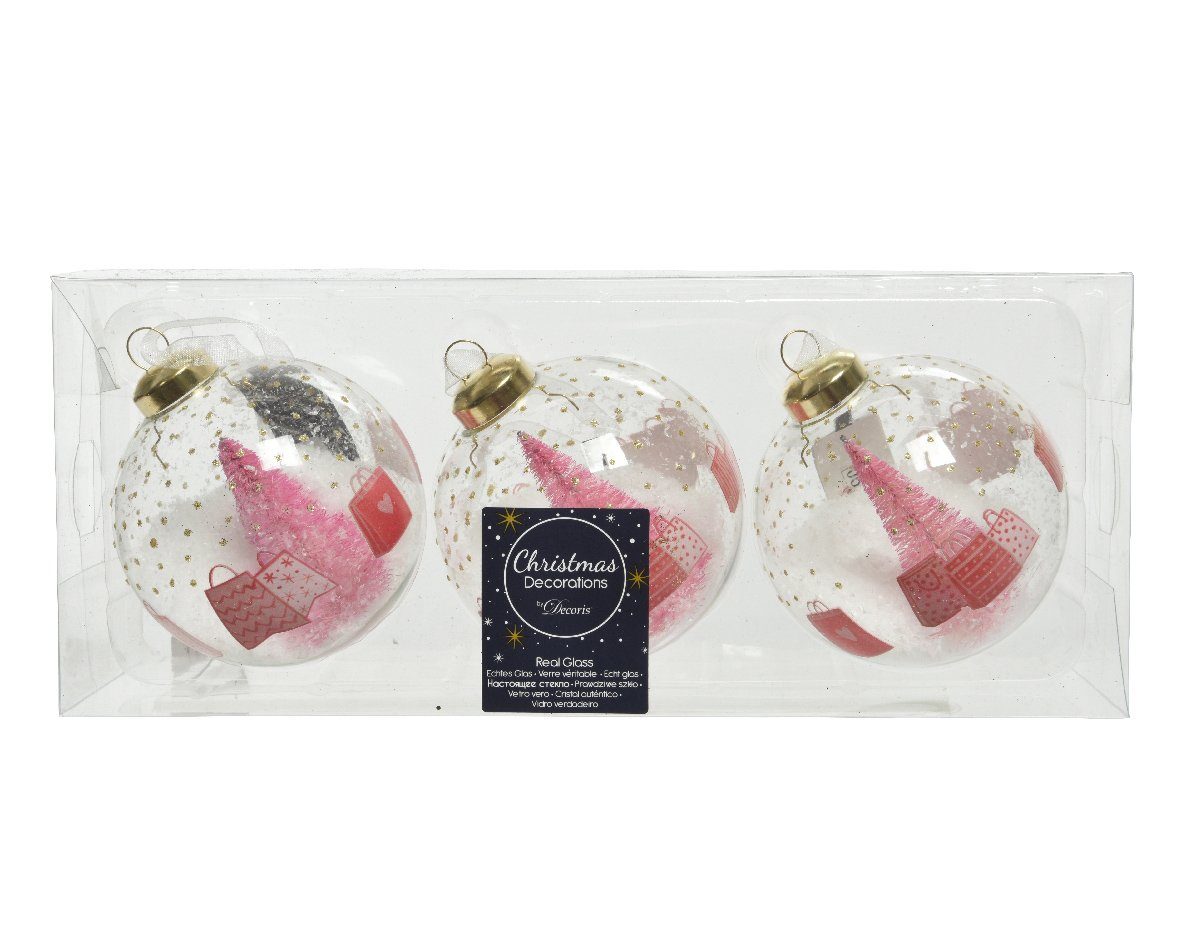 Decoris season decorations Weihnachtsbaumkugel, Weihnachtskugeln Glas 8cm Tannenbaum und Geschenke 3er Set klar / rosa