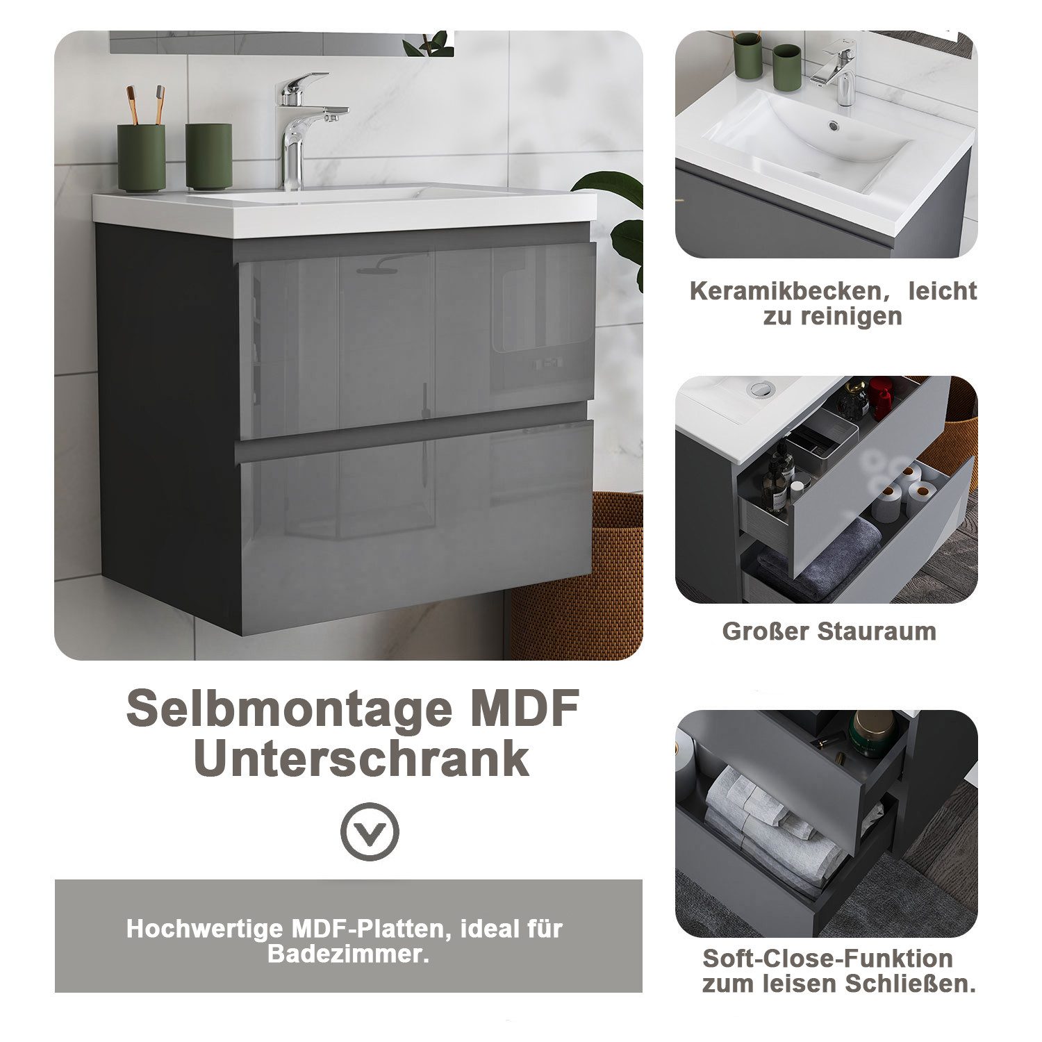 duschspa Badmöbel-Set Waschtisch mit Keramikbecken und Hochschrank 83/110/131.5cm, 50/60/80/100/120cm Matt, Hochglanz Badset mit Softclose – Bild 5 von 5