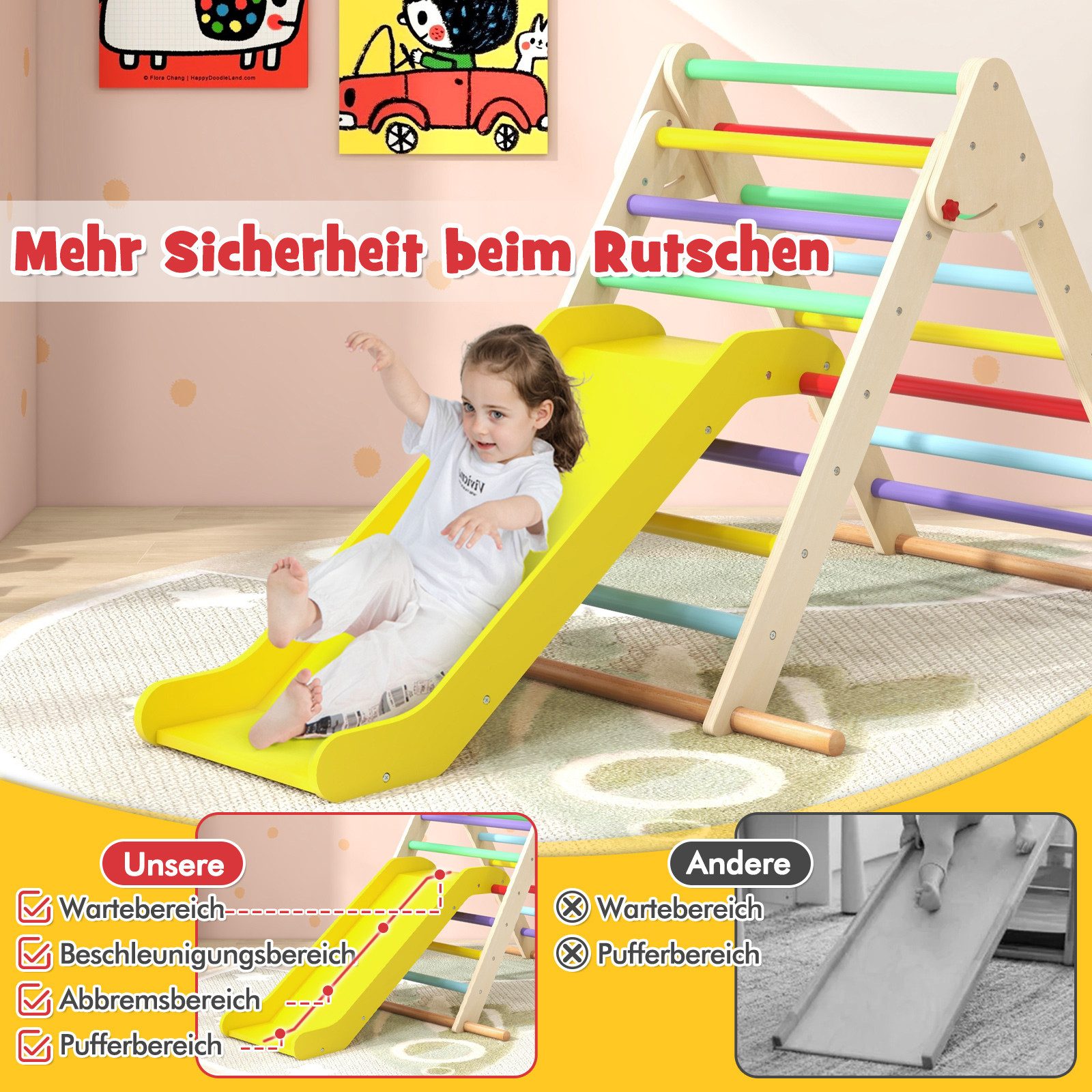 COSTWAY Klettergerüst 3 in 1 Kletterdreieck, mit Rutsche, aus Holz