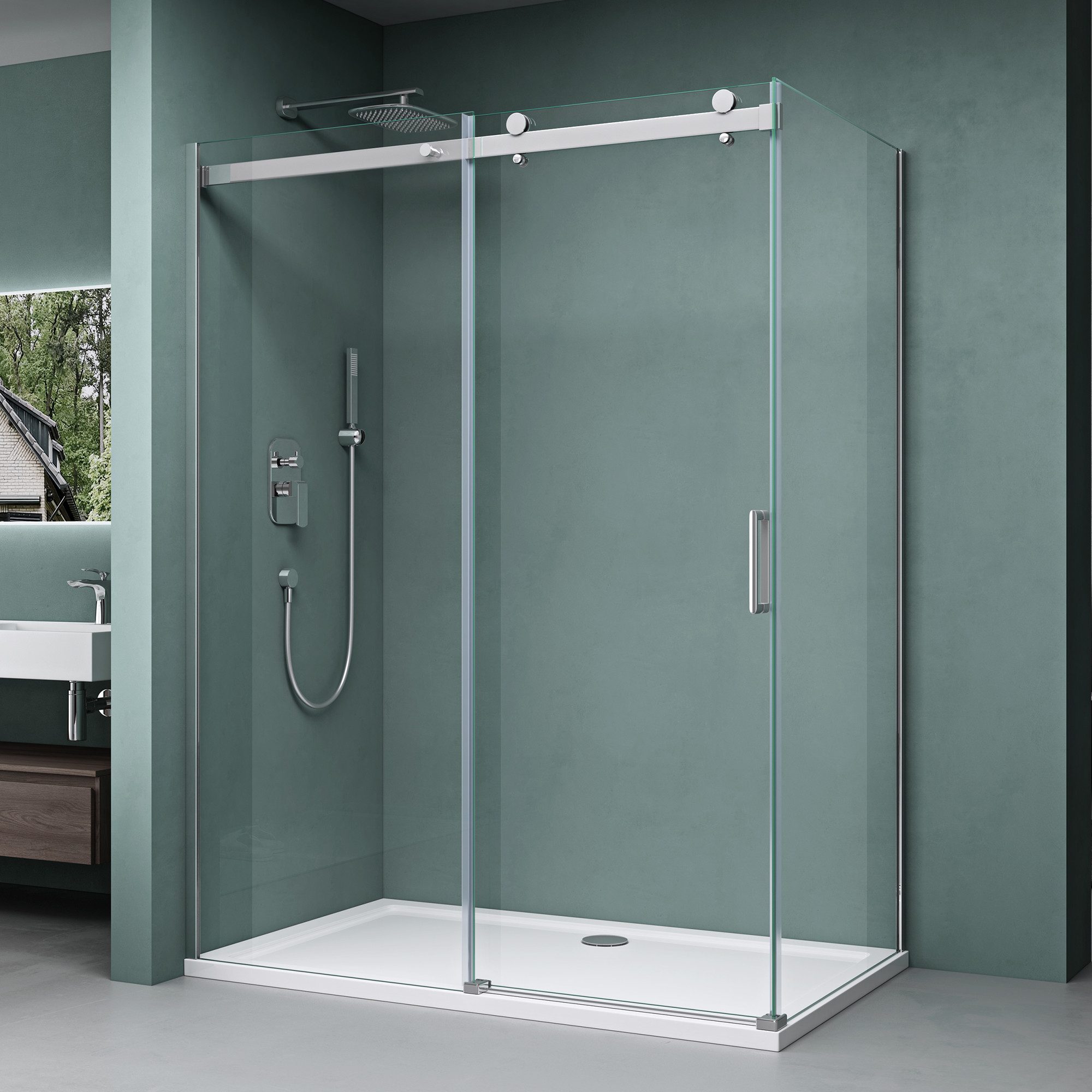 Mai & Mai Eckdusche Duschkabine Schiebetür Duschabtrennung 8mm ESG Nano H:195cm Rav17, BxT: 105x70 cm, Einscheibensicherheitsglas, ebenerdiger Einbau möglich