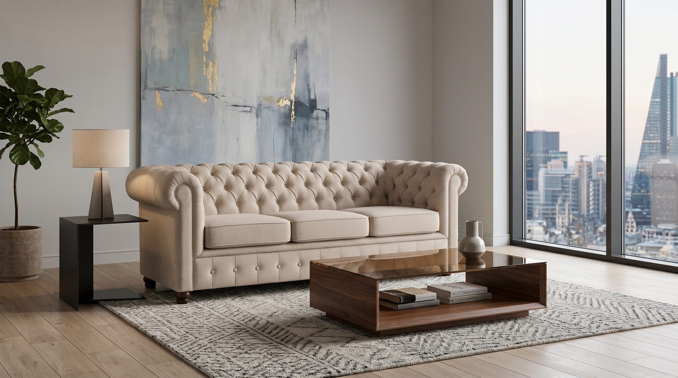 Xlmoebel Chesterfield-Sofa Beiges Chesterfield-Sofa für 3 Personen mit gestepptem Polster, 1 Teile, Made in Europa