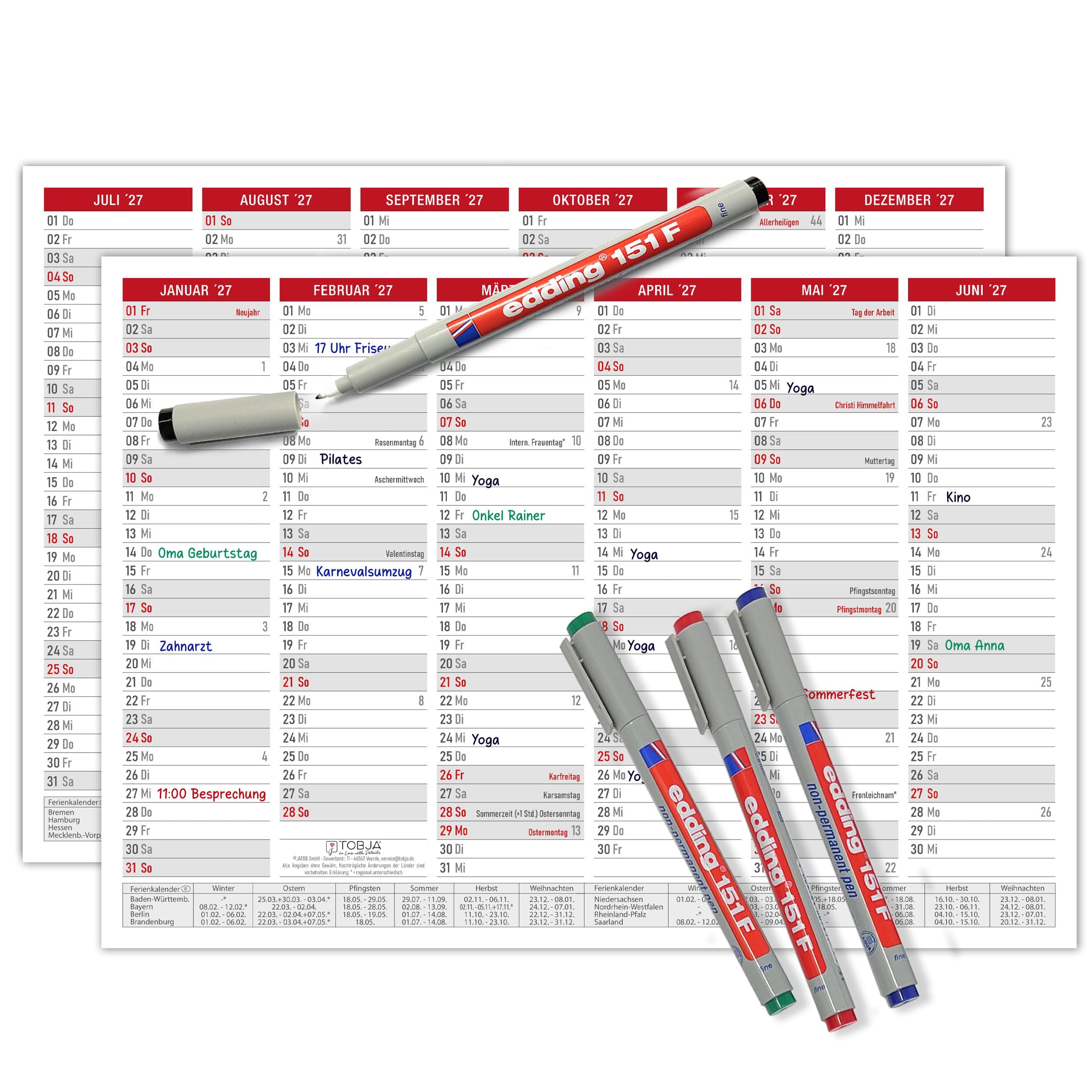 TOBJA Wandkalender Abwischbarer Wandkalender 2027 A4 Rot - Tafelkalender inkl. 4x edding, abwischbar & wiederbeschreibbar, Ferien & Feiertage, KW, 4 Stifte