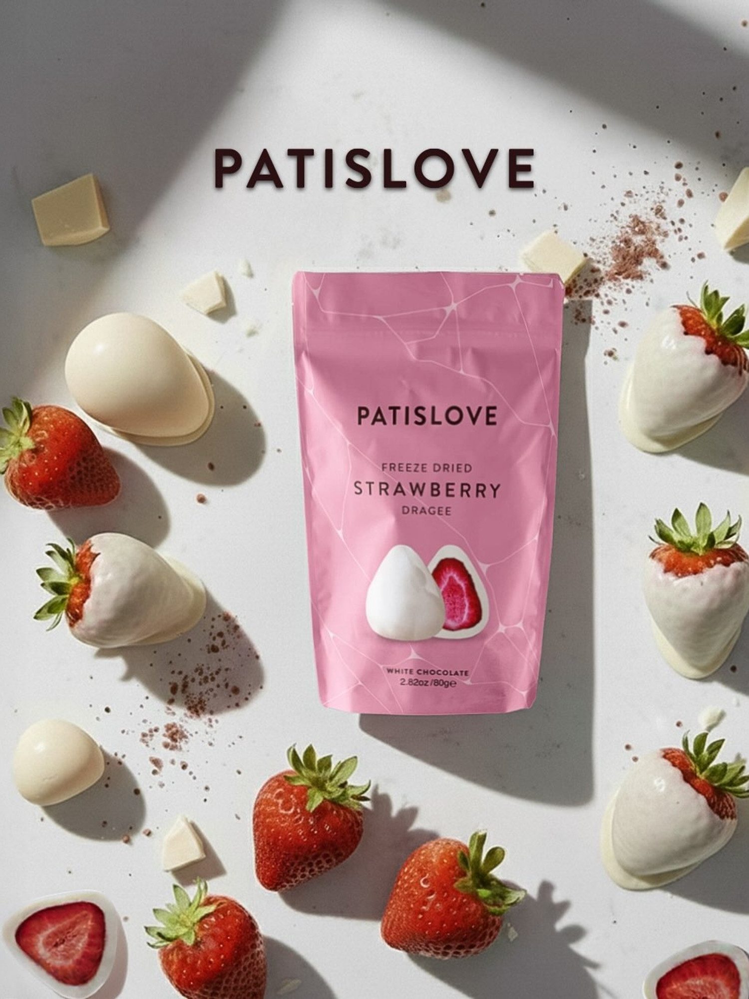 PATISLOVE Schokolade Patislove Gefriergetrocknete Erdbeeren in Weißer Schokolade, 80g, 88% Weiße Schokolade, Ganze gefriergetrocknete Erdbeeren – Bild 4 von 5