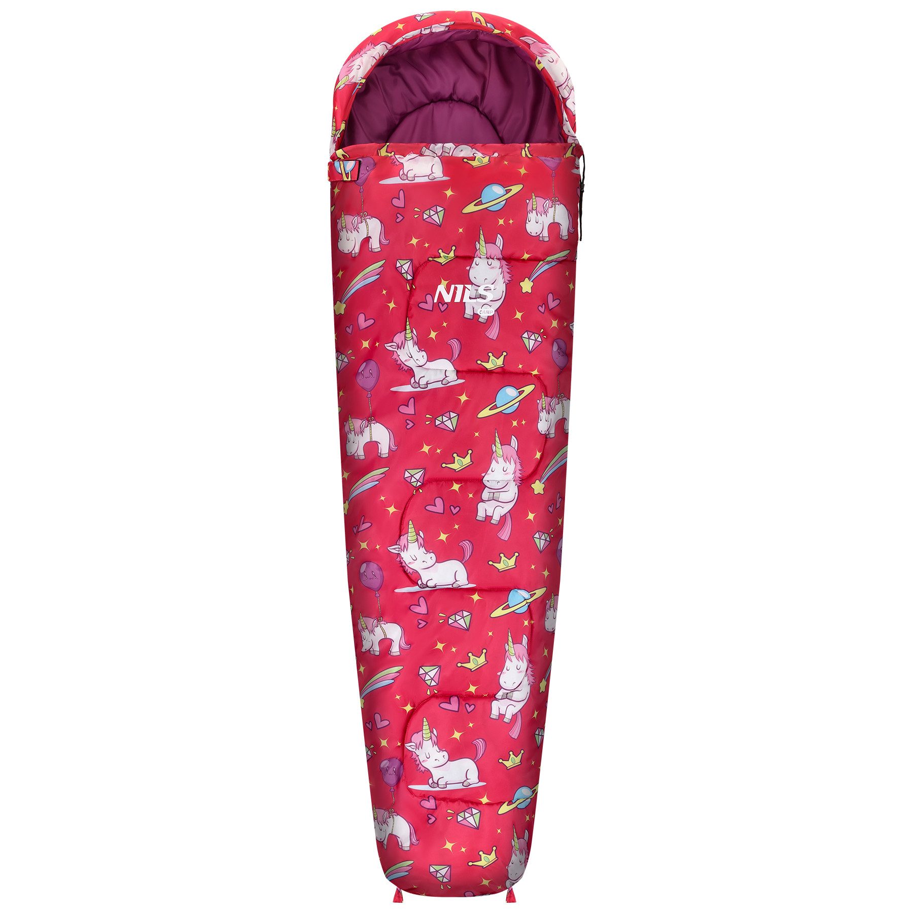 NILS CAMP Kinderschlafsack Mumienschlafsack Campingschlafsack Outdoorschlafsack (Spar-Set, 1 tlg., 170 x 60 cm leicht), Rucksackform, Kapuze, leicht, Einhorn-Motiv