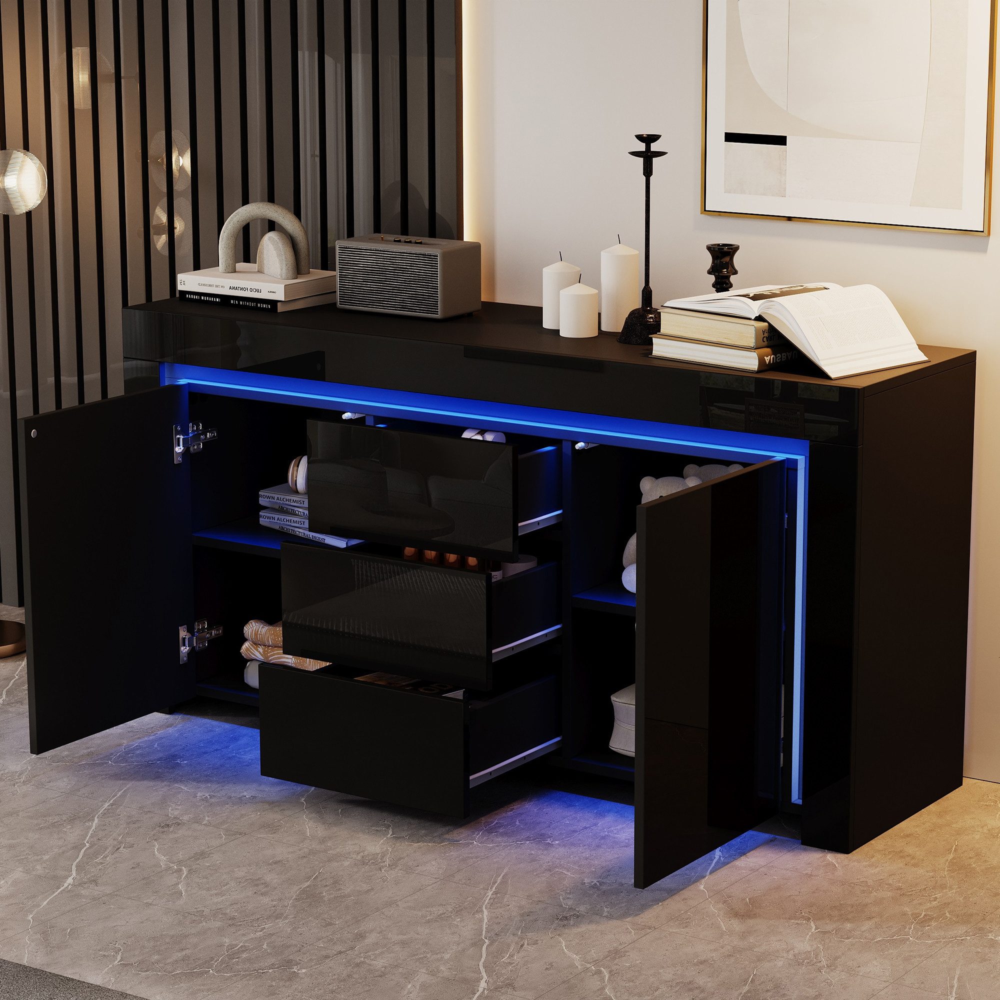 Merax Sideboard Hochglanz Anrichte mit LED-Beleuchtung (für Flur, Wohnzimmer, Büro, 1 St., 140×40×65cm), Kommode mit 2 Türen, 3 Schubladen & verstellbaren Einle – Bild 2 von 5