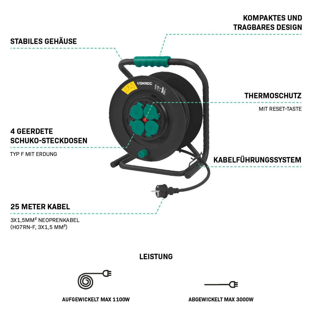 VONROC PRO Kabeltrommel 4-fach (IP44 - Neopren Kabel H07RN-F 3x1,5 mm² - 4 Schuko-Steckdosen mit Erdung -, 3000 Watt (aufgewickelt) / 1100 W (aufgerollt), Kabellänge 25 m), - fester Kern - Wärmeschutz