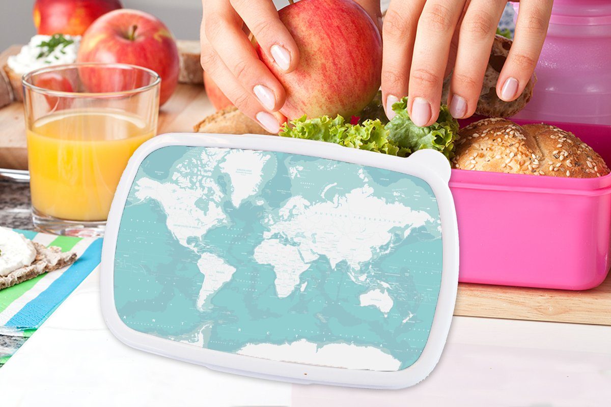 Mädchen, Kinder, Blau für Jungen - Kinder MuchoWow - Lunchbox - Kunststoff, Brotdose Erwachsene, Brotbox - Snackbox, Mädchen, (2-tlg), Kunststoff - rosa Weltkarte Topographie