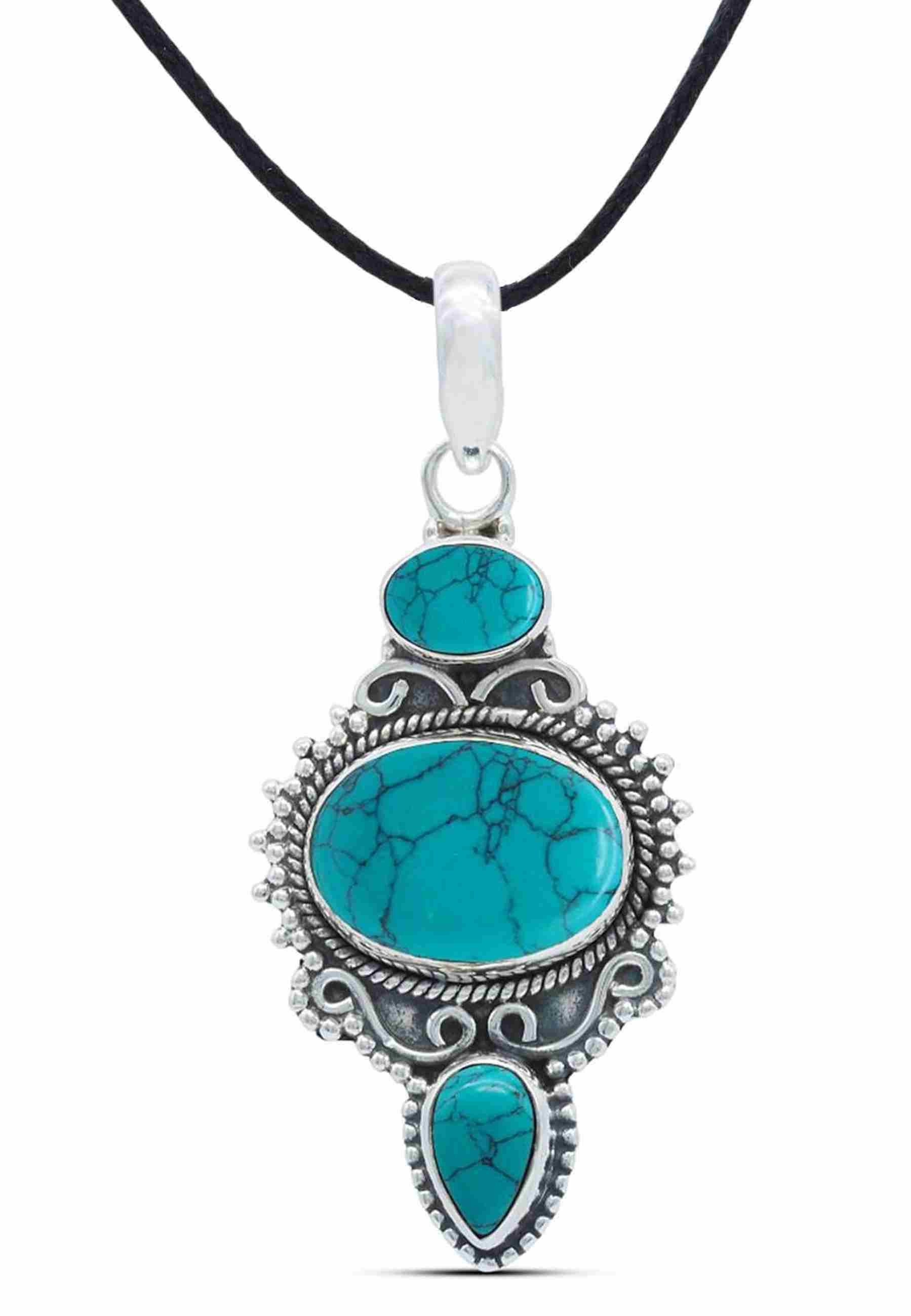 mantraroma Kettenanhänger BURUNG aus 925 Silber mit Türkis (Kettenanhänger am Baumwollband im Schmuckbeutel), 925 Sterling Silber Kettenanhänger für Damen