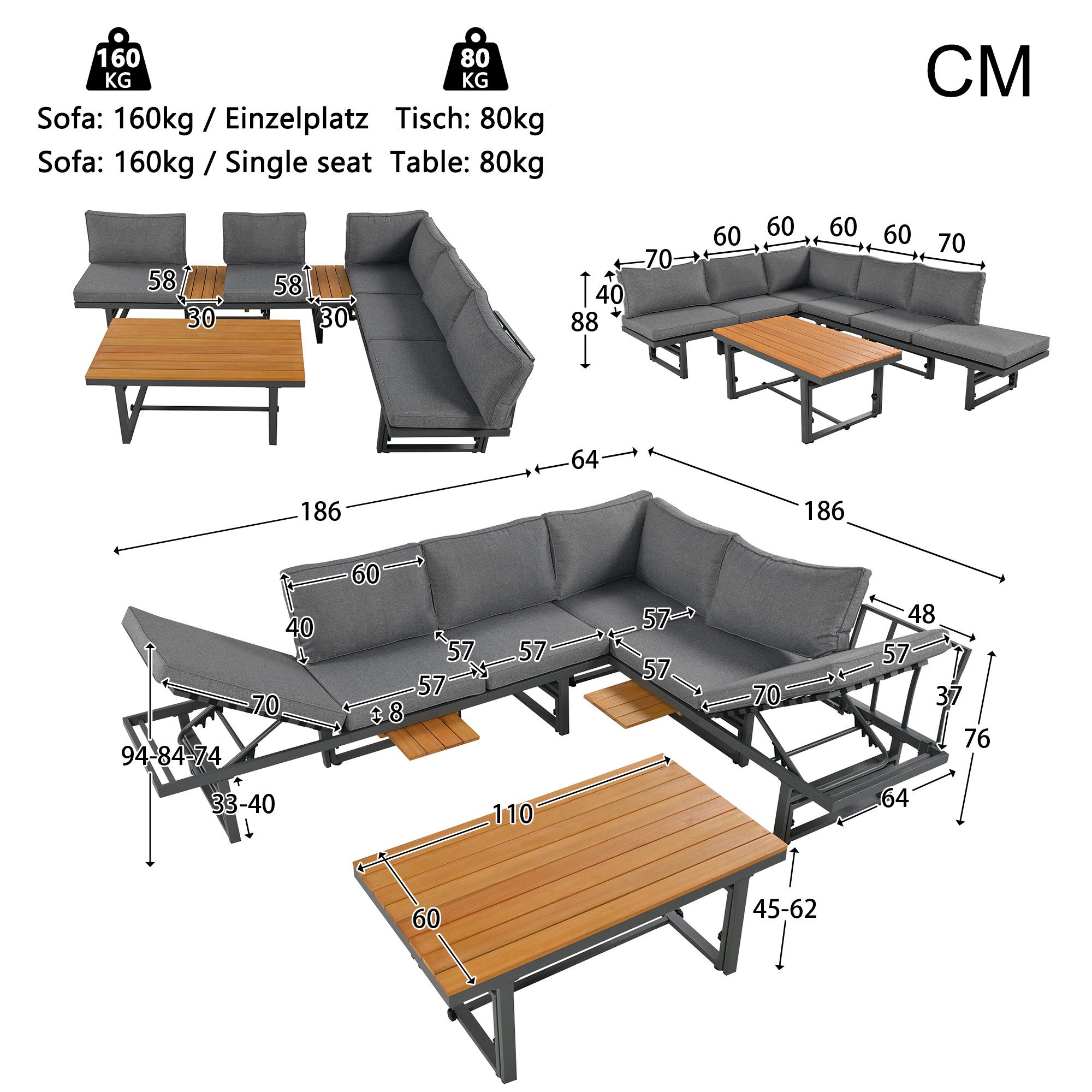 IDEASY Gartenlounge-Set Gartenmöbel-Set Grau 3-tlg. Set, Inkl. Sitzkissen & Kissen, (Gartenmöbel für Terrasse, Balkon oder Garten), Eisengestell & Akazienholz, Verstellbare Rückenlehne & Tisch