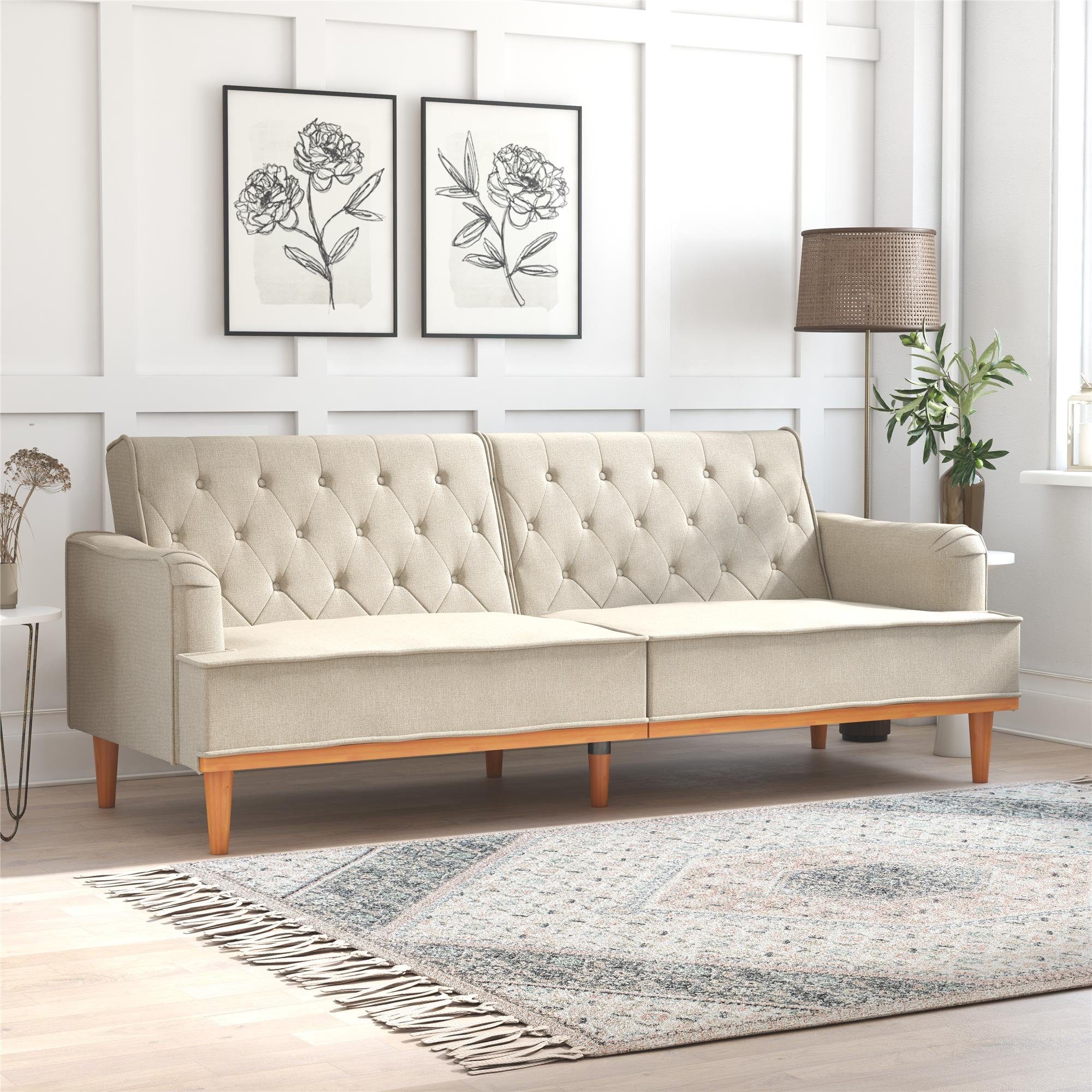loft24 Schlafsofa Stella - Sofa Couch Schlafcouch Gästebett Funktionssofa, 2-Sitzer Couch mit Verstellfunktion, Samtoptik, Breite 203 cm