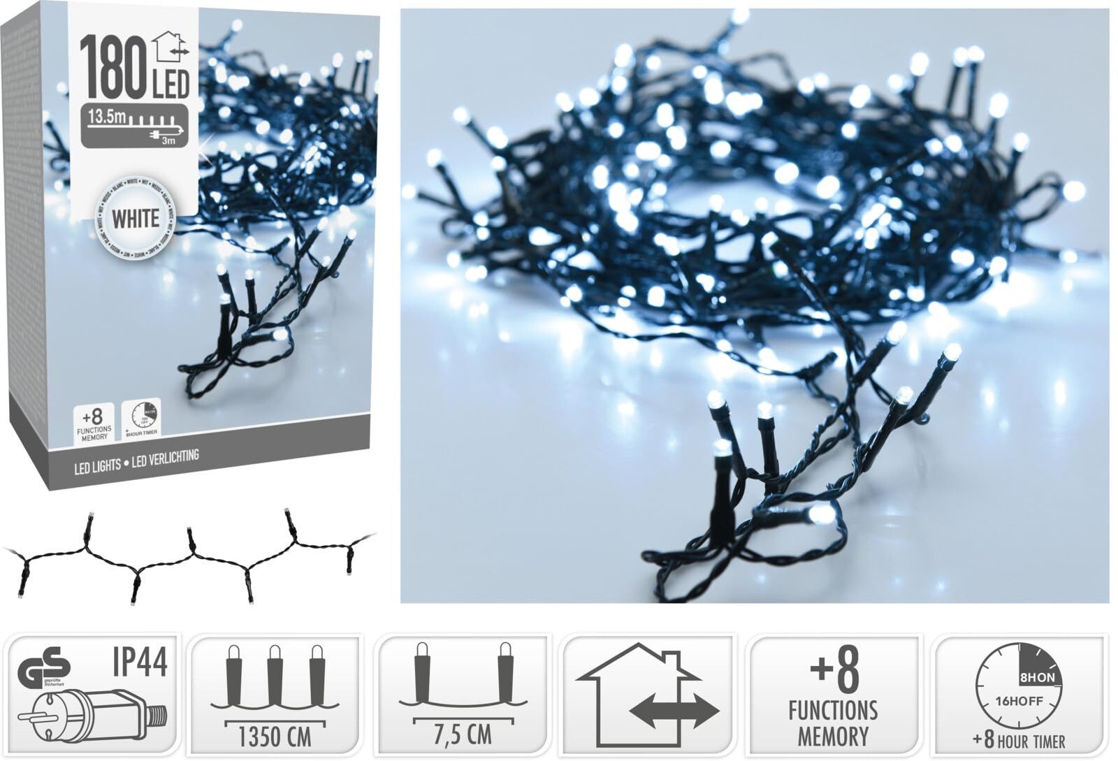 mucHome LED-Lichterkette 40/80/180 LED, 3-13,5m, Kaltweiß, 8 Funktionen und günstig online kaufen