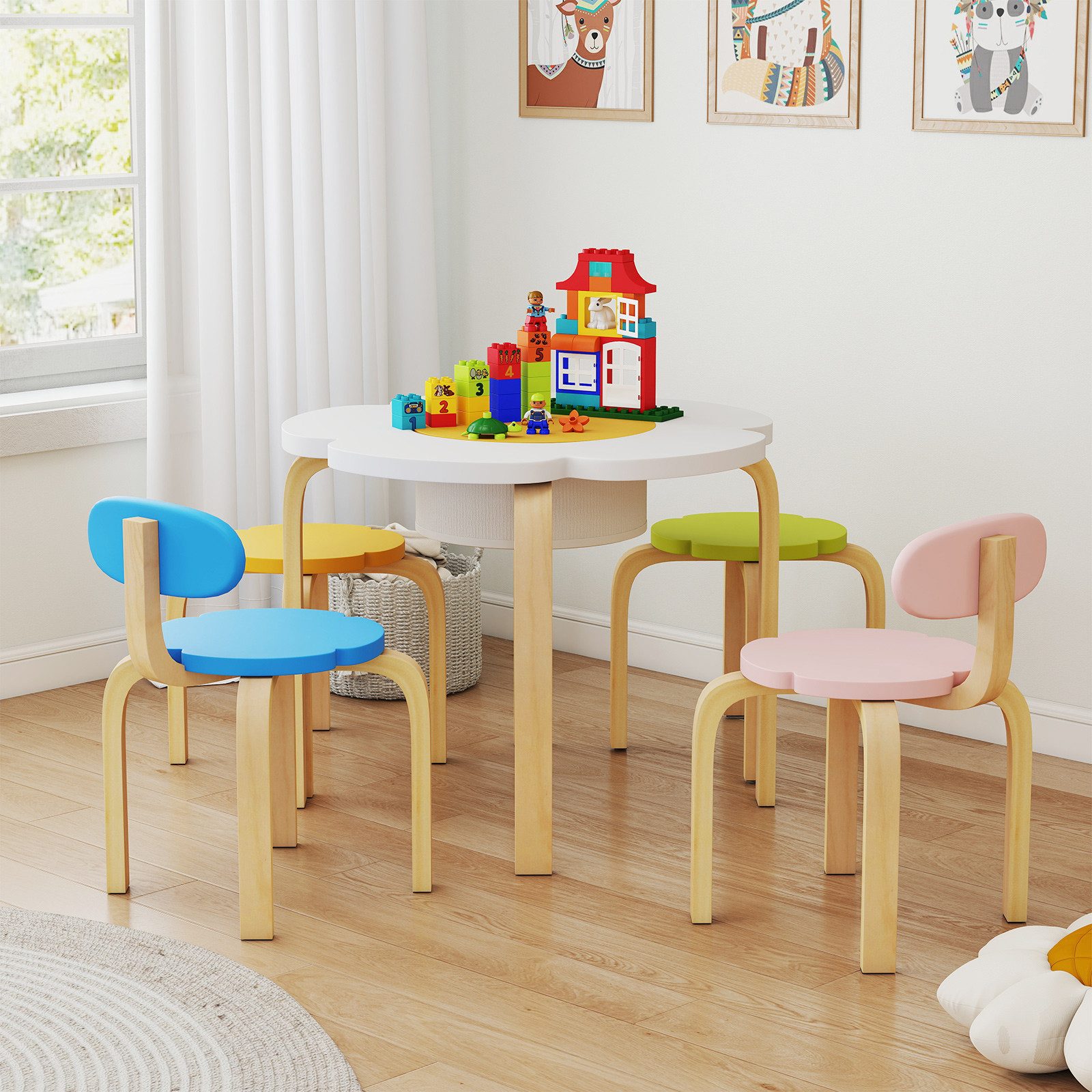 COSTWAY Kindersitzgruppe, (5-tlg), Kindertisch Set mit 4 Stühlen, ab 3 Jahren