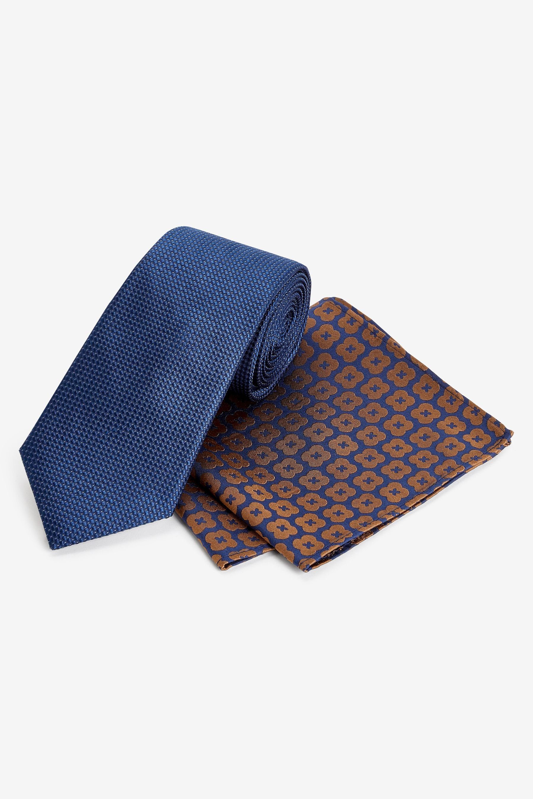 Next Krawatte Set aus Seidenkrawatte und Einstecktuch (2-St) Navy Blue/Rust Brown Geometric