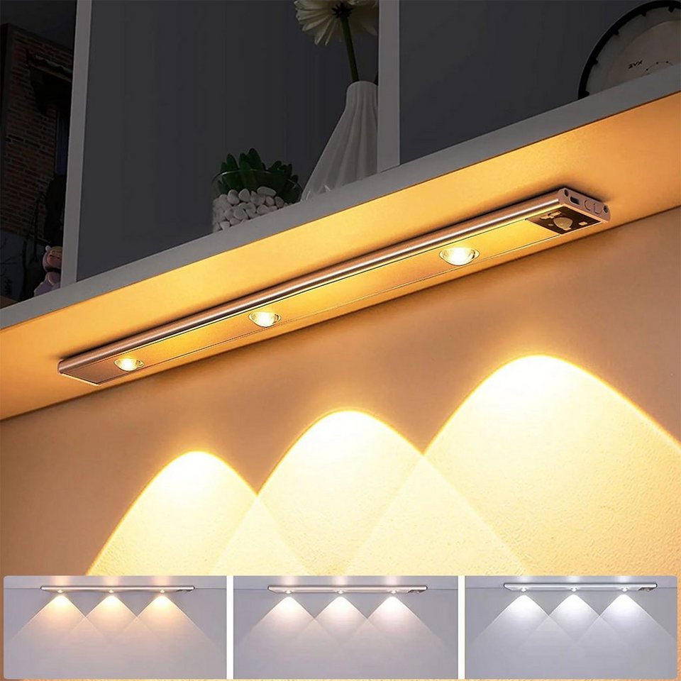 Rosnek LED Lichtleiste Kabellos, wiederaufladbar, 3 Lichtfarben, für  Schrank Treppe, 3000K Warmweiß, 4500K Naturweiß, 6500K Kaltweiß, dimmbar,  Bewegungssensor, magnetisch
