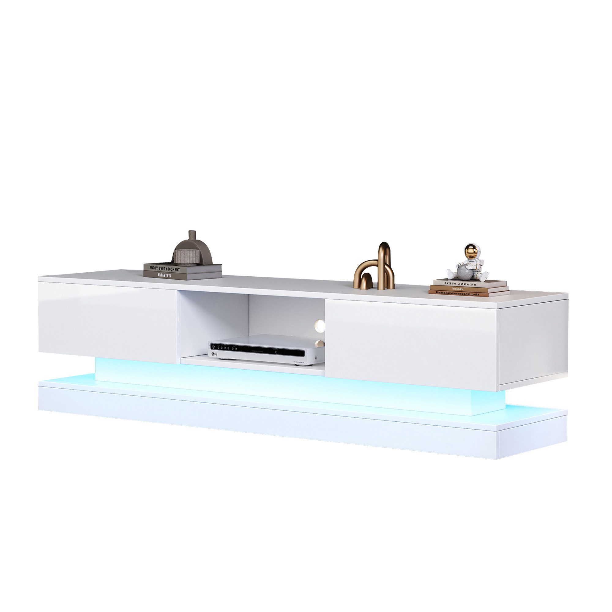 Merax Lowboard mit 2 Schubladen und offenes Fach, TV-Schrank hochglanz, Fernsehtisch, TV-Board, Anti-Kipp, APP Timer