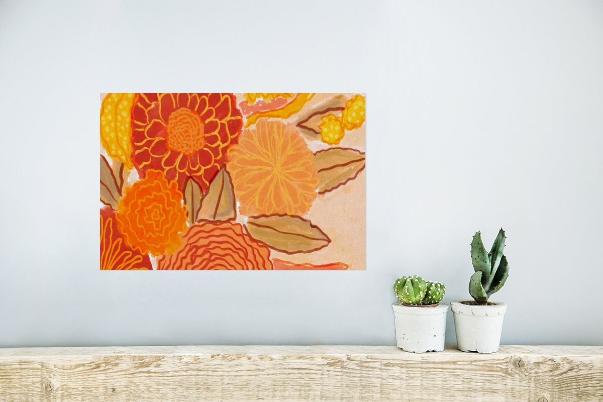 Wandbild, Ohne MuchoWow Farben, für Wandposter - Rahmen (1 Blumen Poster, Wohnzimmer, - - St), Blumenstrauß - Gelb Vintage Poster