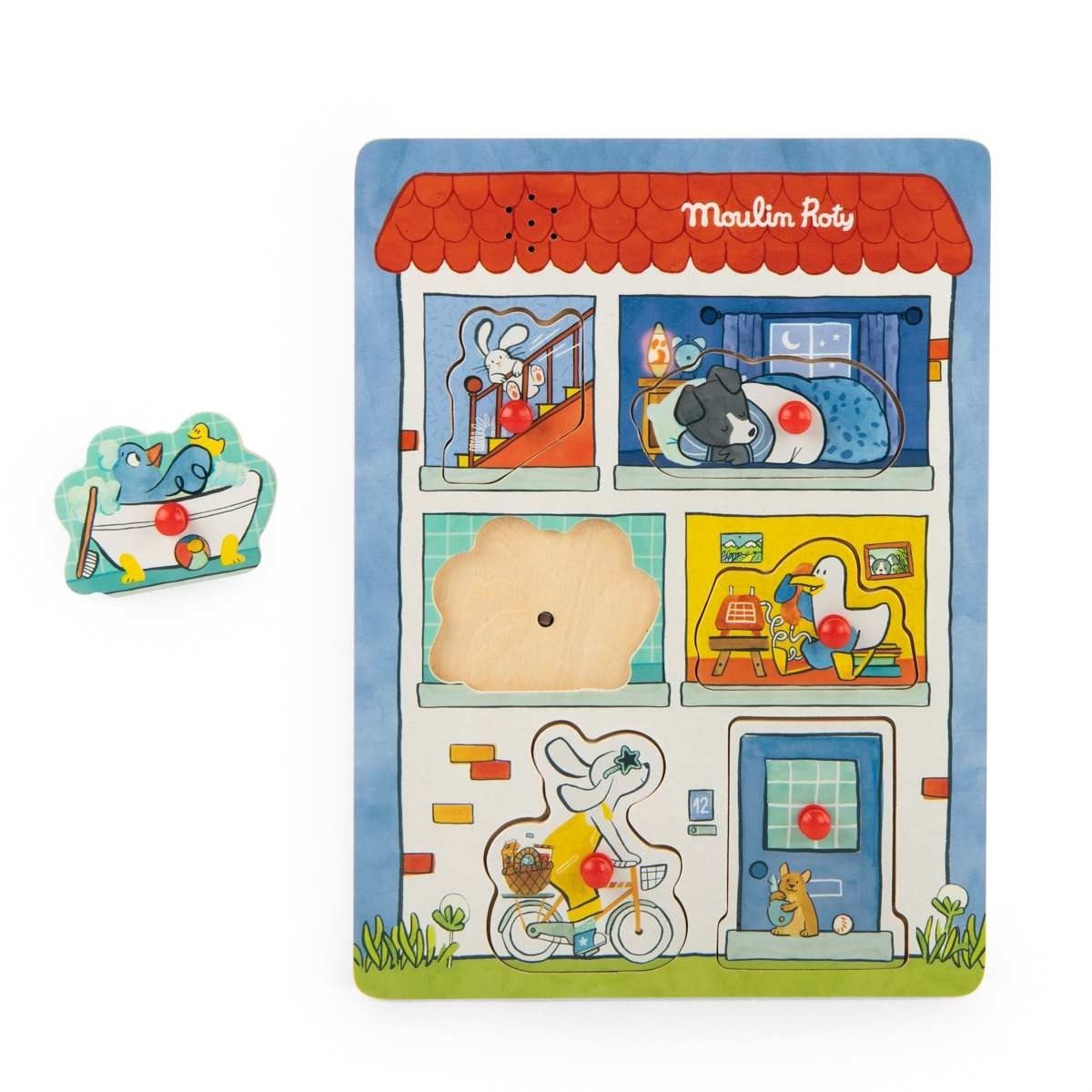 Moulin Roty Puzzle Puce&Pilou Soundpuzzle Haus für Kinder mit Motiv Haus als Geschenkidee, Puzzleteile, Soundpuzzle