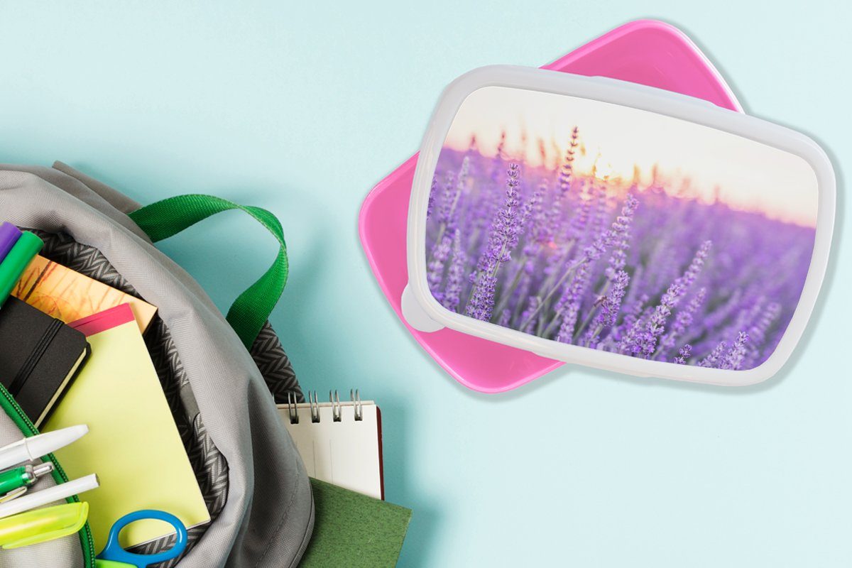 MuchoWow Lunchbox Lavendel - Kinder, Snackbox, Erwachsene, Kunststoff für Mädchen, Nahaufnahme Lila - Brotdose rosa (2-tlg), Kunststoff, Blumen, Brotbox 
