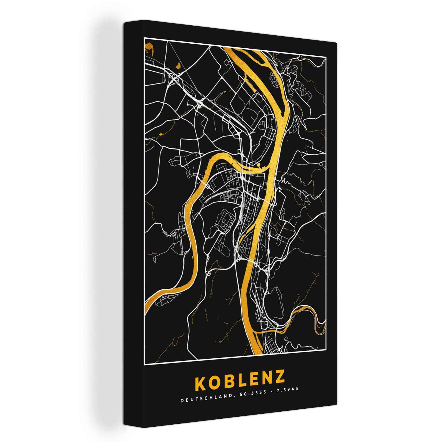 OneMillionCanvasses® Leinwandbild Stadtplan - Deutschland - Gold - Koblenz - Karte, (1 St), Leinwandbild fertig bespannt inkl. Zackenaufhänger, Gemälde, 20x30 cm