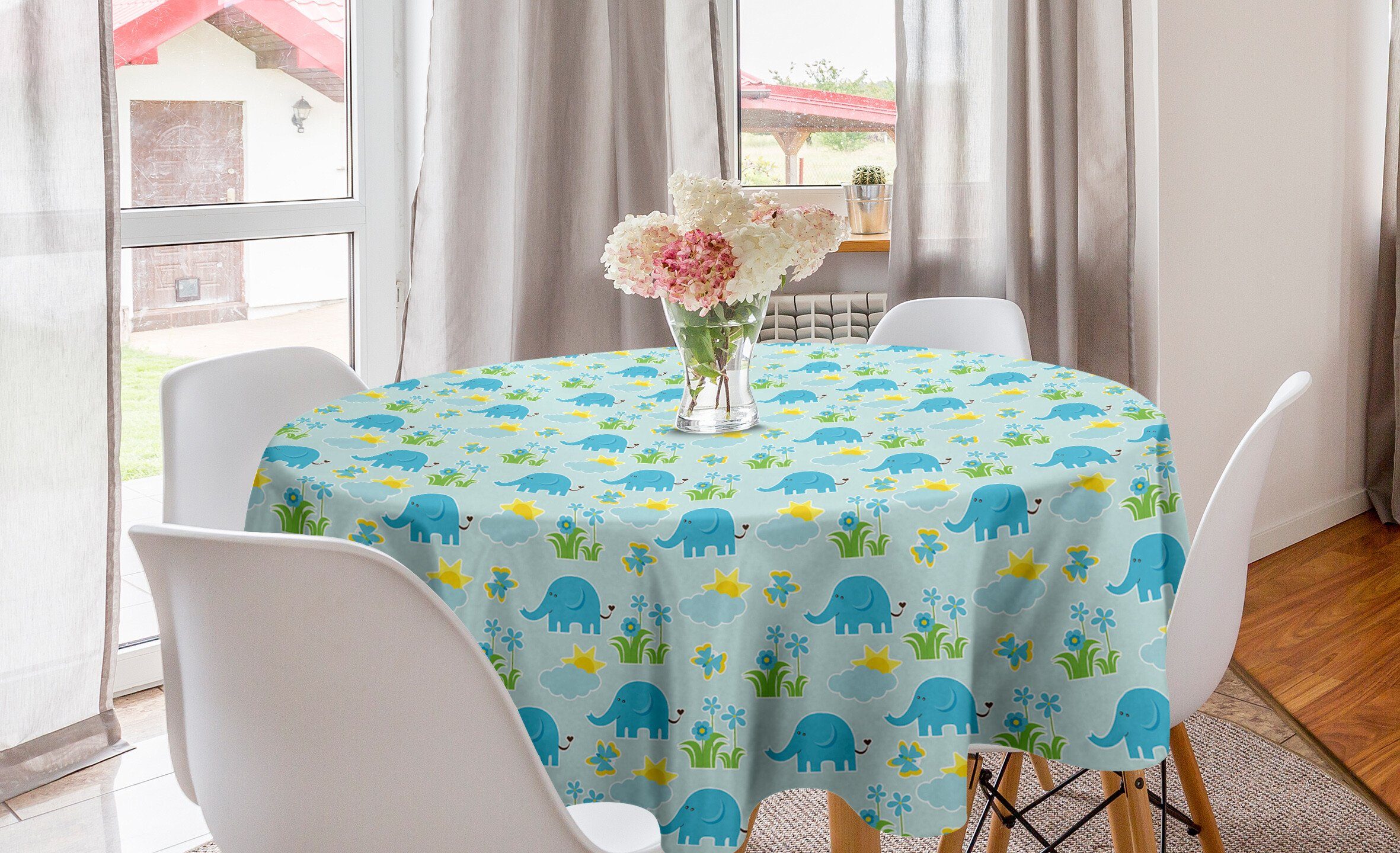 Abakuhaus Tischdecke Kreis Tischdecke Abdeckung für Esszimmer Küche Dekoration, Kindergarten Lustige blaue Elefanten Sommer