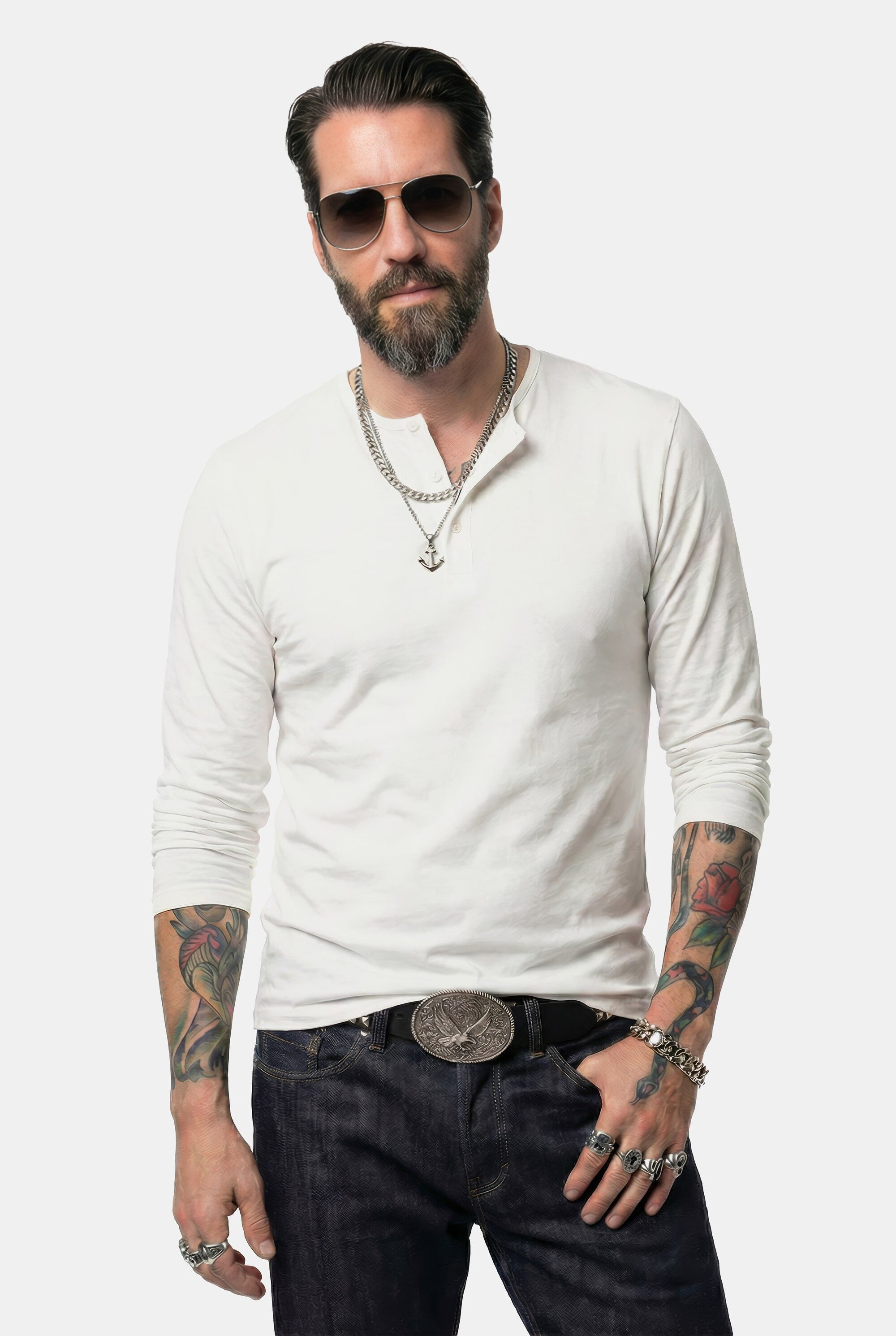 JP1880 T-Shirt Henley Basic Shirt Langarm Knopfleiste