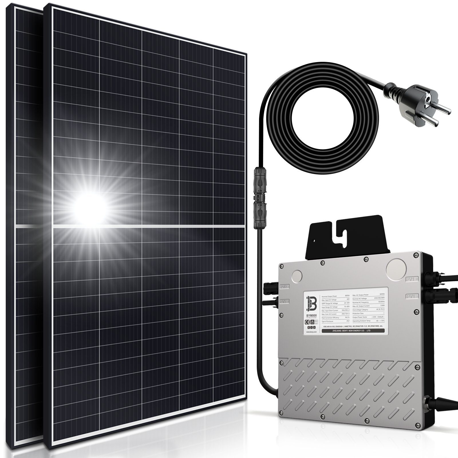 SUNNIVA Solaranlage 830/800W Balkonkraftwerk, 800,00 W, Monokristallin, (BENY 800W Micro-Wechselrichter Upgradebar Drosselbar, 2x 415W Solarmodule, Solaranlage mit 5m Anschlusskabel, Solarkabel, Photovoltaikanlage), Balkon Mini-PV Anlage genehmigungsfrei Inverter, Solarpanel Solarmodul