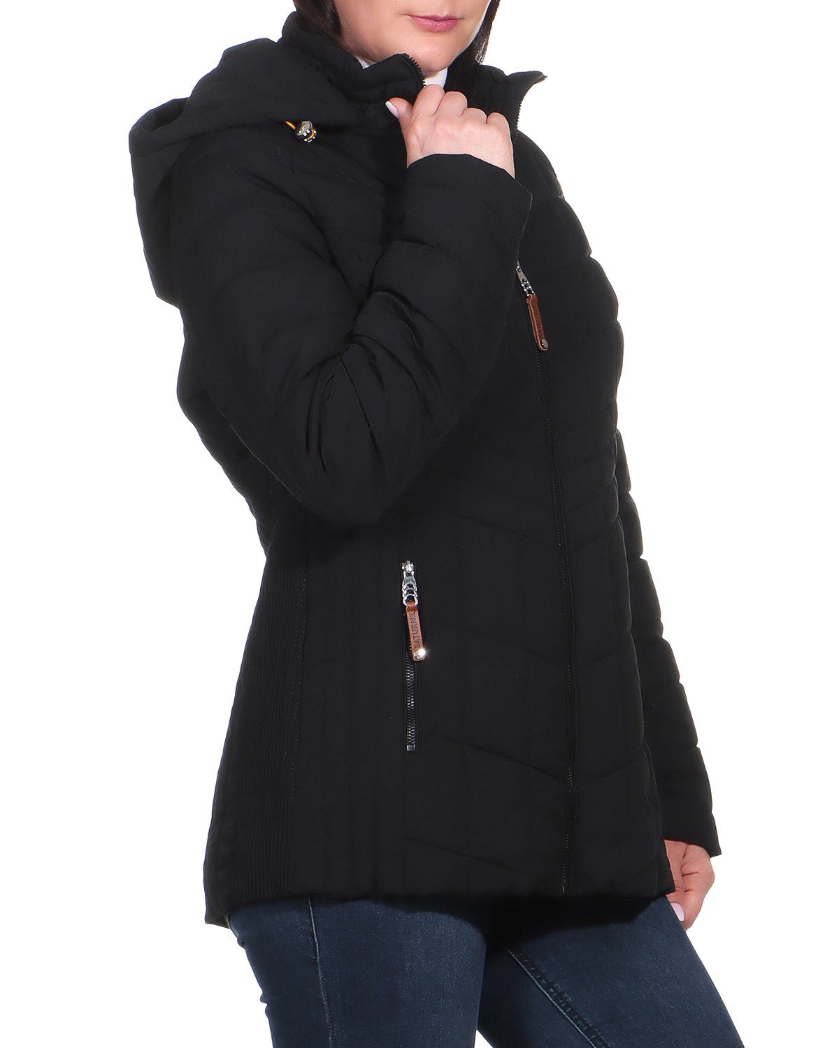 Steppjacke erhältlich, Innenfell für mit (1-St) mit warm Kuschelige Größen Winterjacke Schwarz Teddyfell mit Kapuze, in Damen gefüttert auch Damenmode großen Aurela