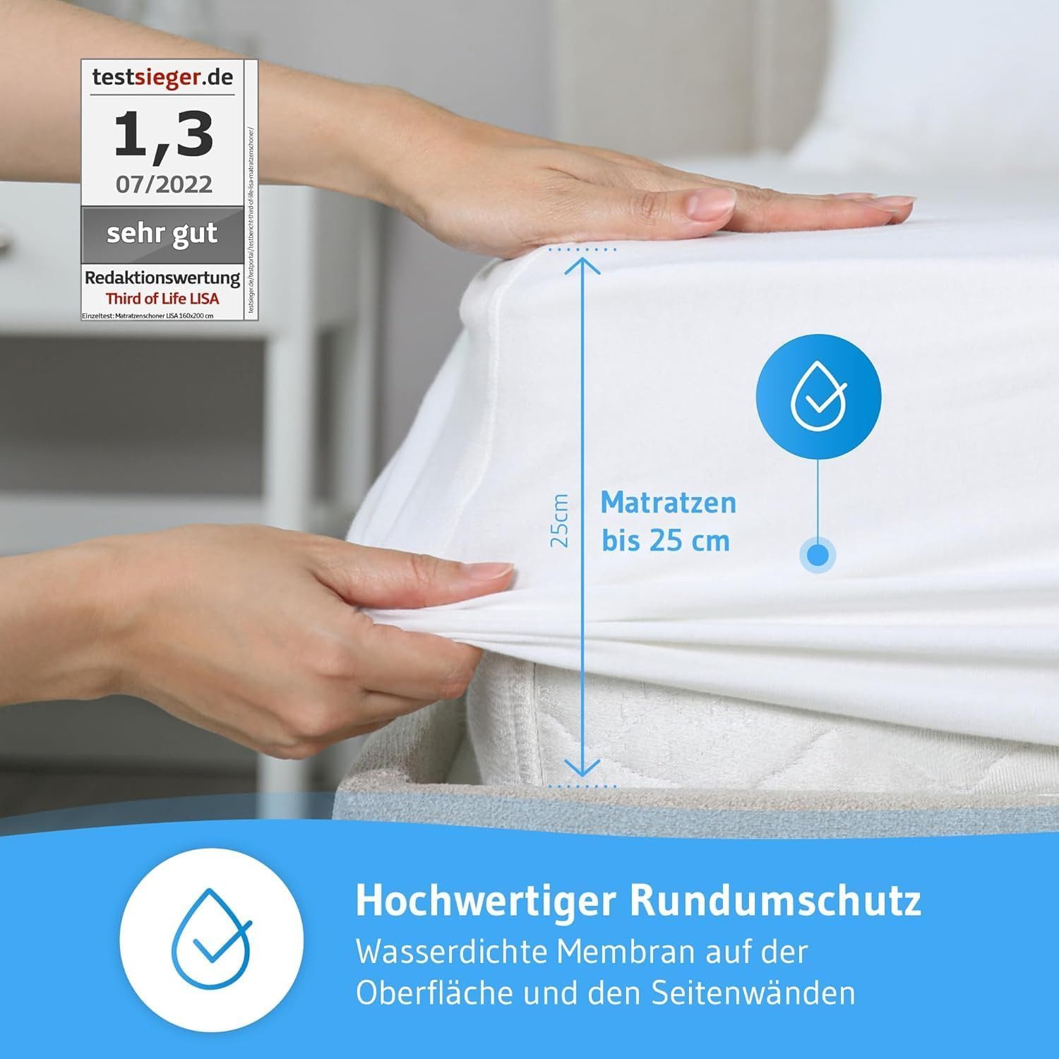 Matratzenschoner Matratzenschoner LISA 70 x 200 cm Third of Life, Rundumschutz mit Seitenwänden bei Inkontinenz, Waschbar bis 95 Grad