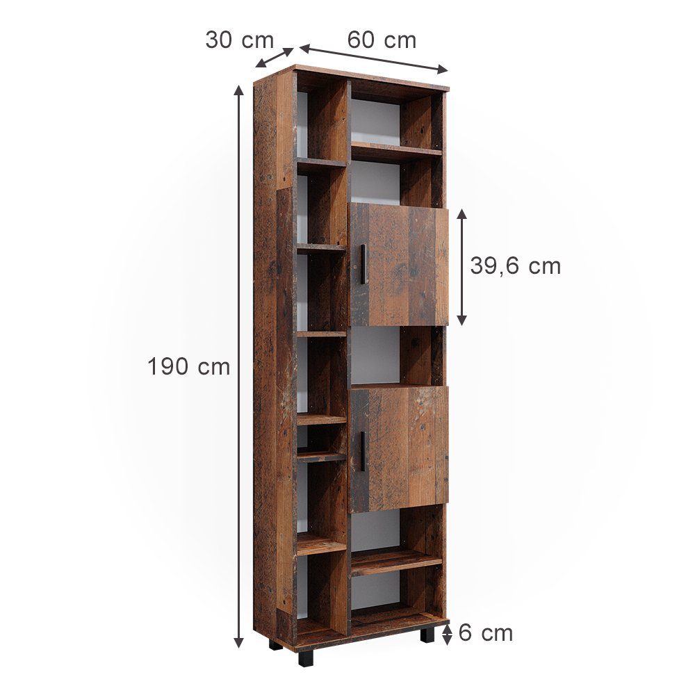 Vicco Hochschrank Ilias, Eiche rustikal, 60 x 190 cm mit Türen, und offenen Fächern (1-St)