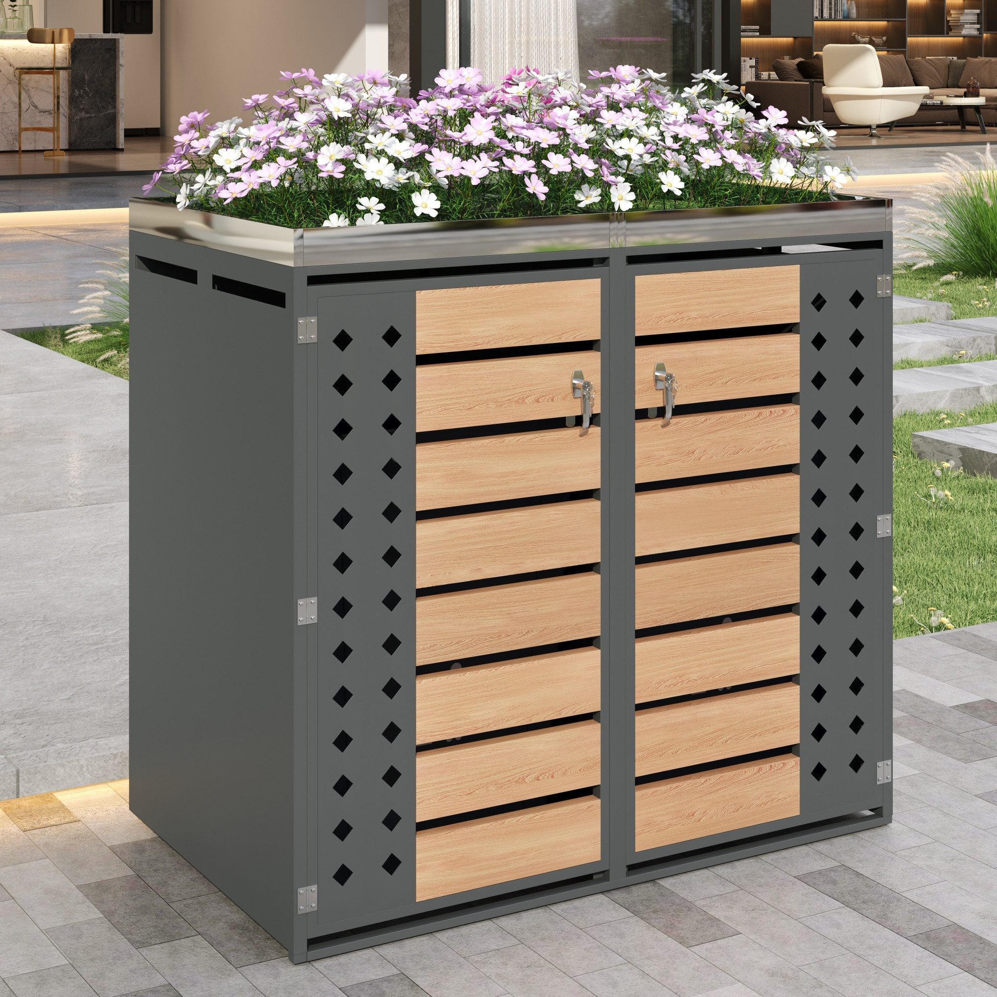 Flieks Mülltonnenbox (1 St), Mülltonnenschrank Abschließbar für 2 Tonnen 120–240L mit Pflanzfläche