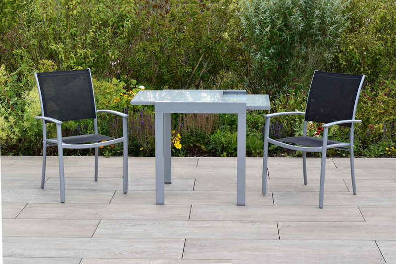 MERXX Garten-Essgruppe »Milano«, (Set, 3-tlg., Pulverbeschichtetes Aluminiumgestell), Ausziehtisch: LxB: 65-130 x 130 cm