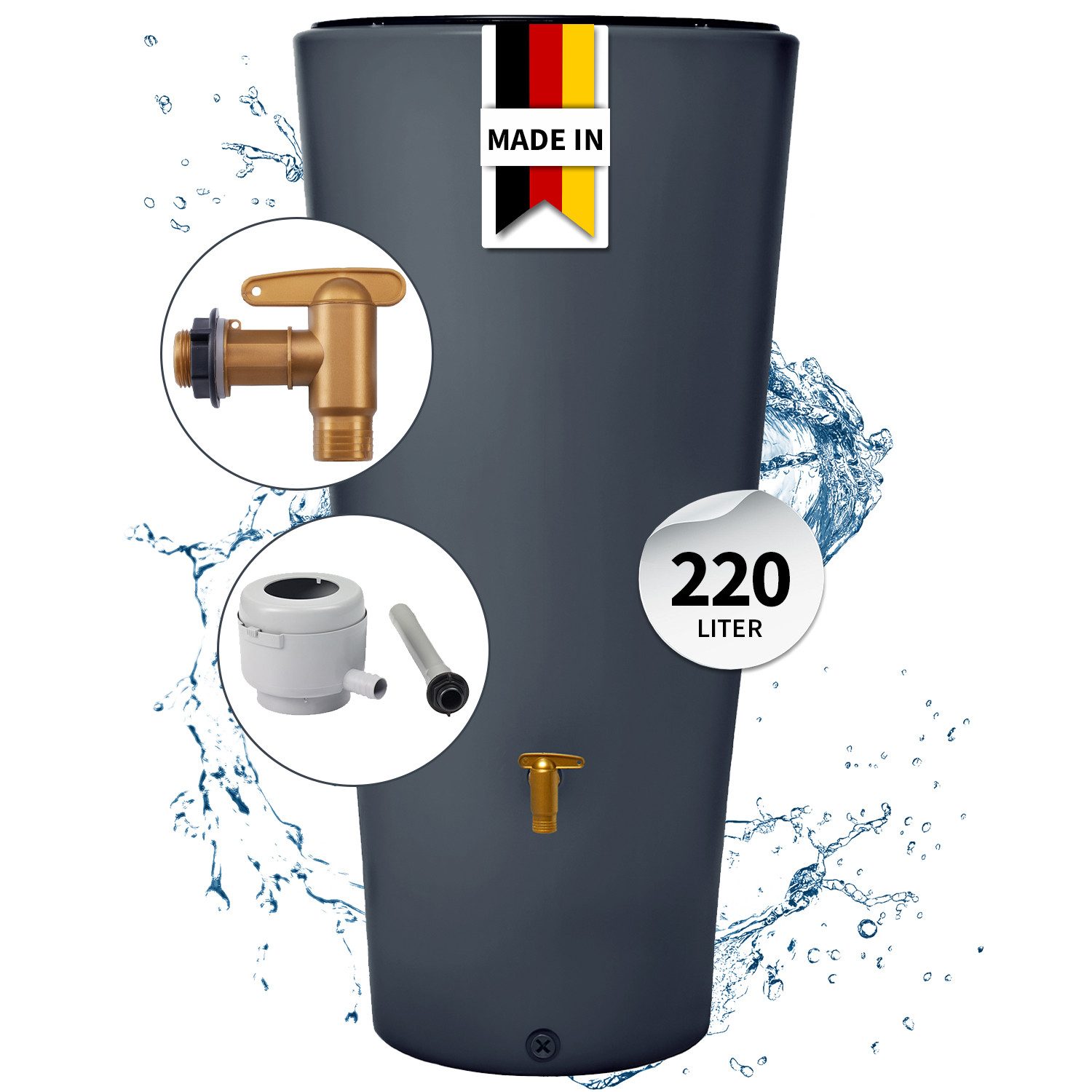 4rain Regentonne VASO 2in1 Regentonnen Komplett-Set 220 L graphite grey, 220 l