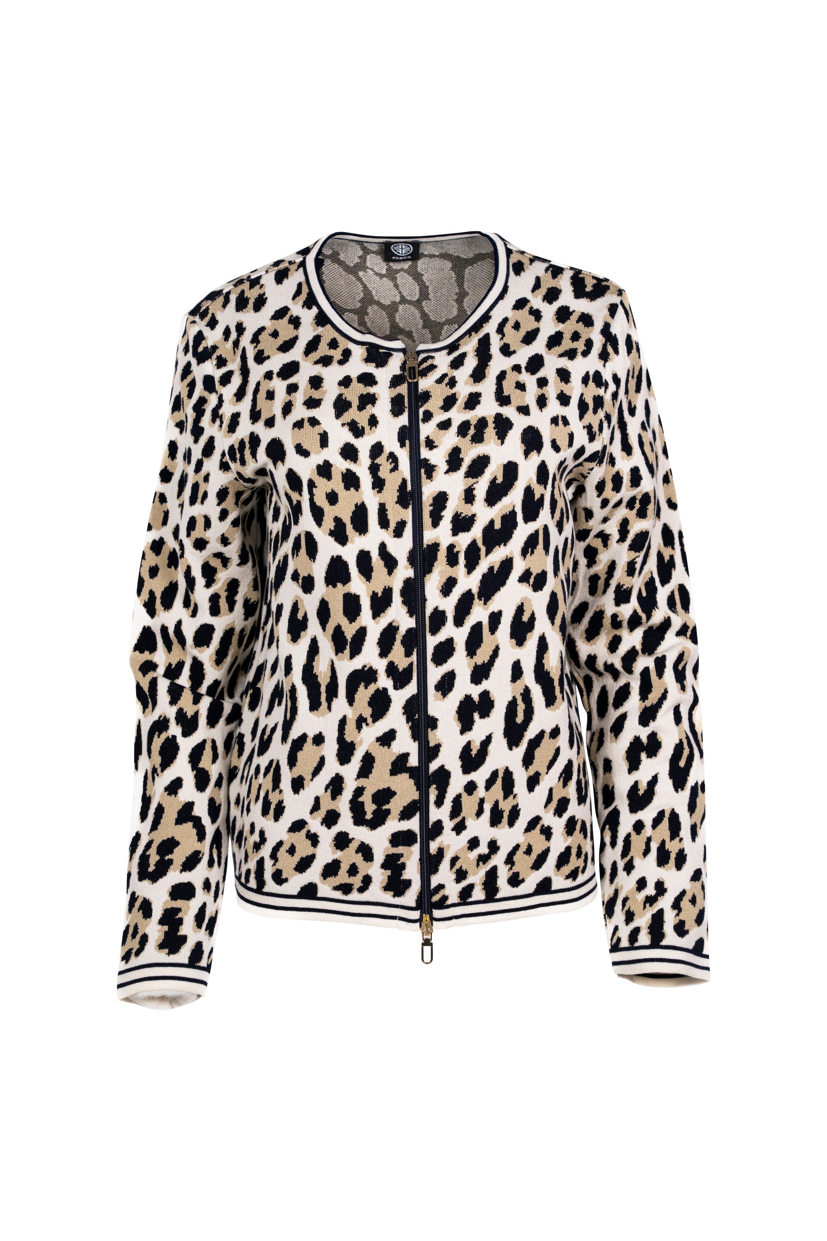 Faber Strickjacke Strickjacke im Leo-Jacquard-Design Kontrastblenden