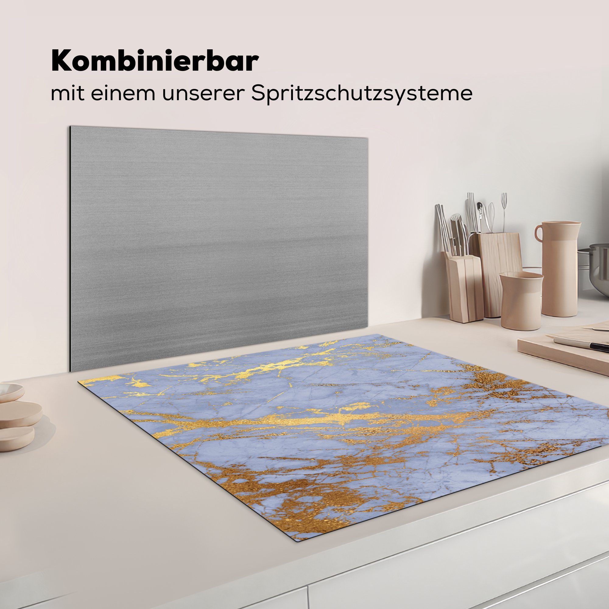 - MuchoWow - für Ceranfeldabdeckung, Blau Gold, Marmor tlg), Herdblende-/Abdeckplatte Vinyl, (1 78x78 Arbeitsplatte küche cm,