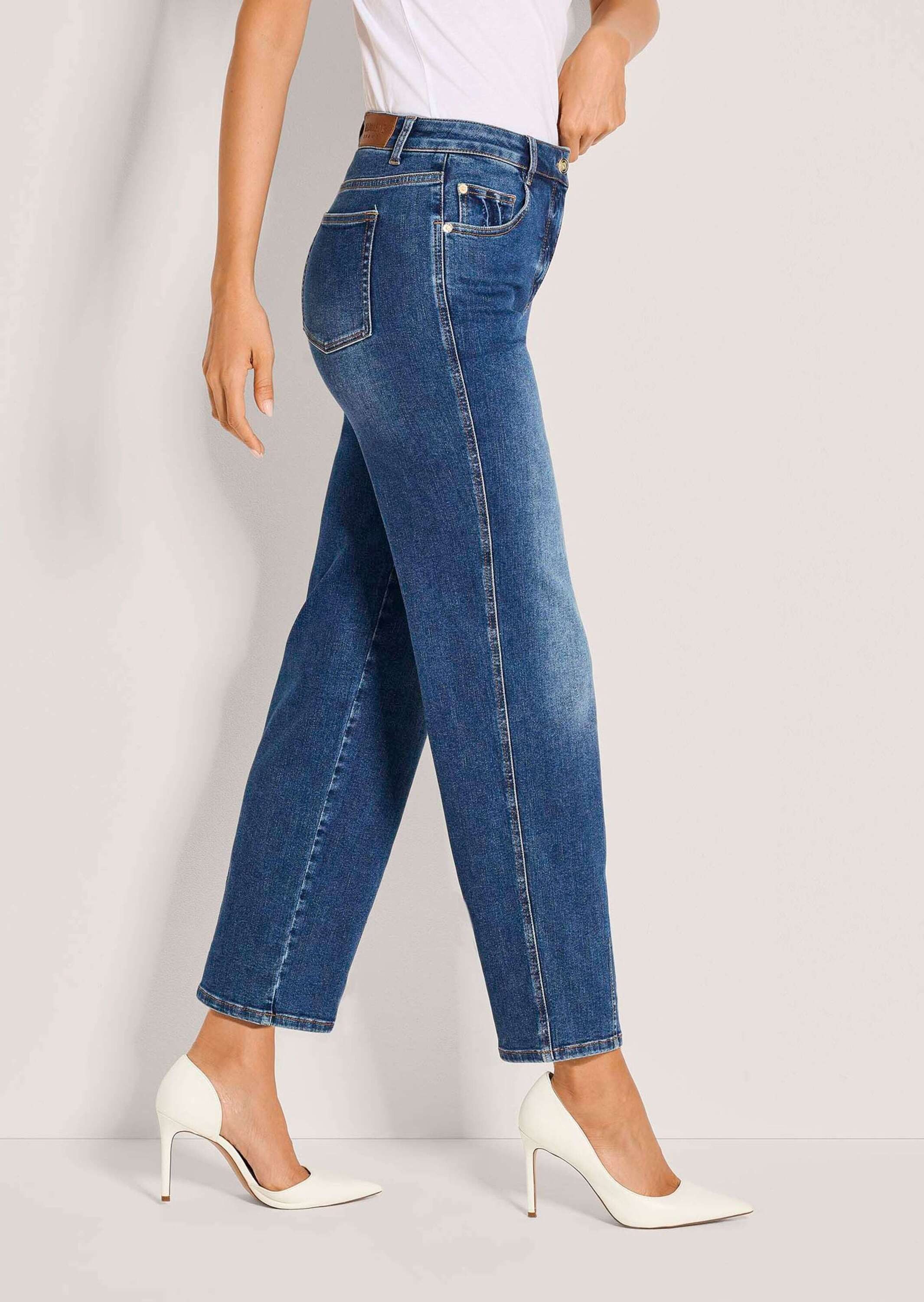 MADELEINE Gerade Jeans Baumwollhose mit Saumabnähern 5-Pocket-Hose mit Formbund, Gürtelschlaufen und knöchelfreier Länge