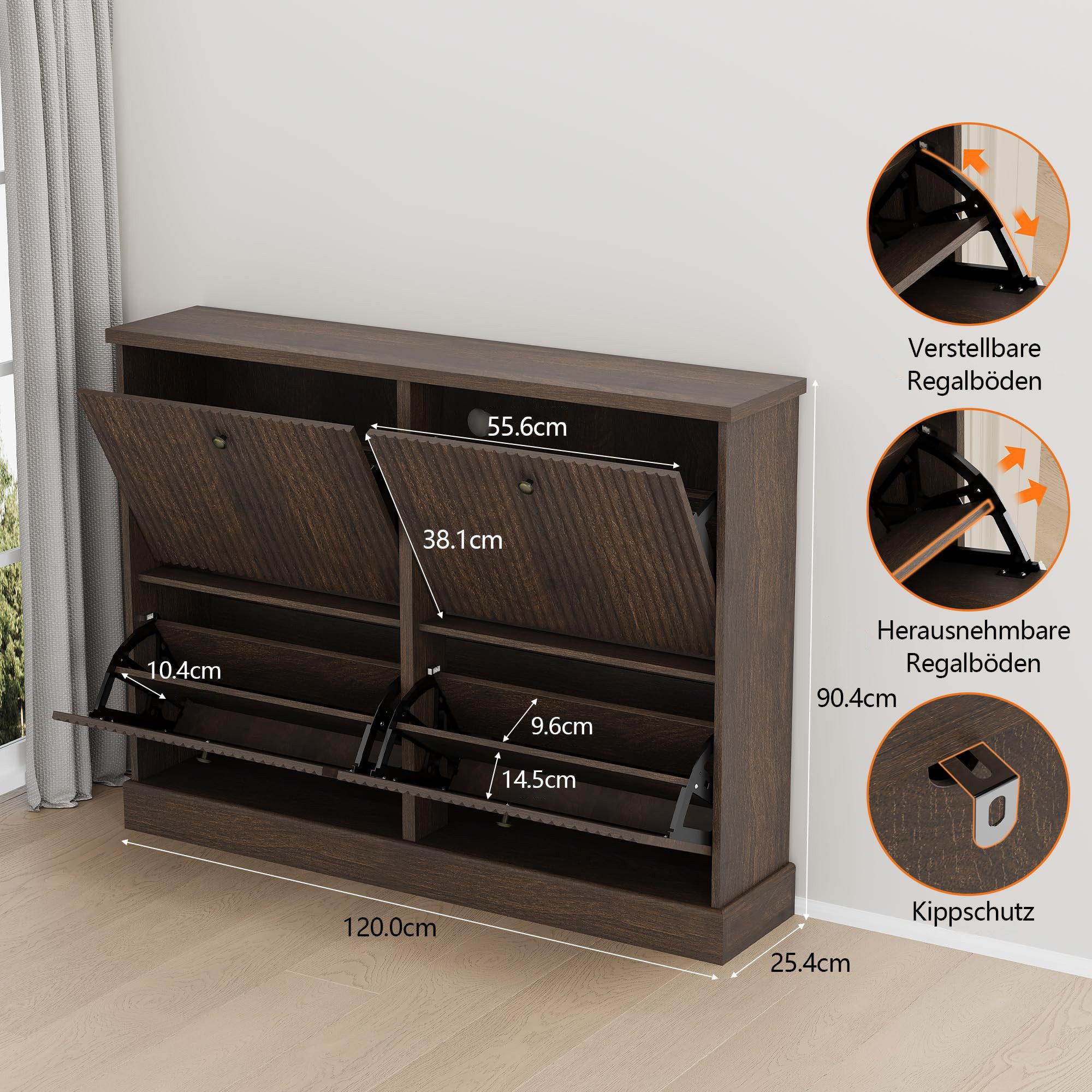 GarveeMore Schuhschrank Moderner Rillenprofil mit 4 Klappschubladen verstellbare Einlegeböden (1-St) 120x25x90cm Versteckter Schuhstauraum Schuhregal für 18–24 Paar Schuhe