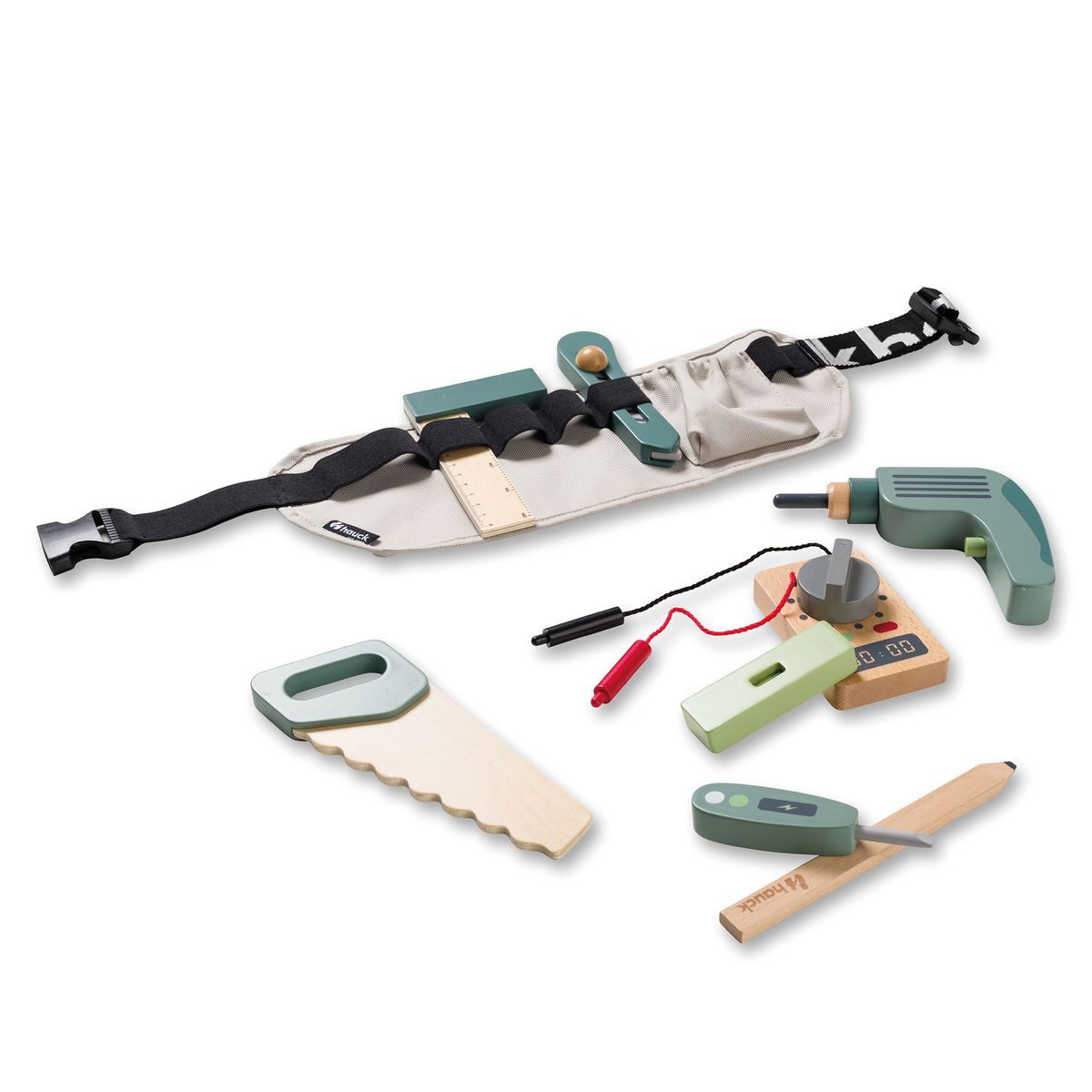 Hauck Spielwerkzeugkoffer Learn to Work, (9-tlg), 9-tlg. Holz Kinder Werkzeug Set inkl. Gürtel für kleine Handwerker