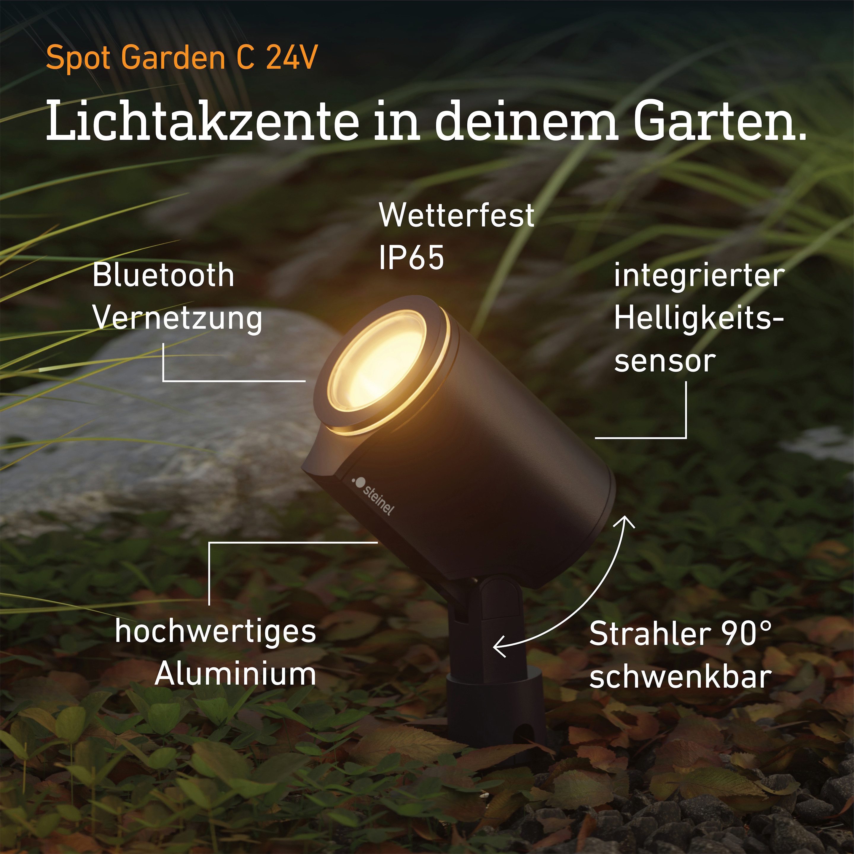 steinel Gartenstrahler Spot Garden 24 V, Starter-Set inkl. Netzteil, Kabel, T-Connector, LED fest integriert, 16 Mio. Farben, RGBWW, Dämmerungssensor, dimmbar, Zeitschaltuhr, Plug & Play