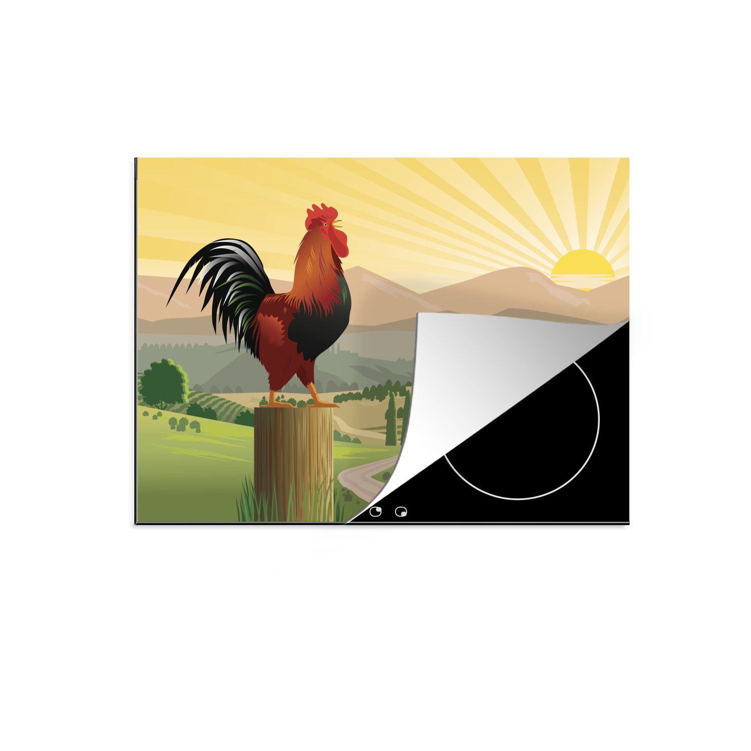 MuchoWow Herdblende-/Abdeckplatte Illustration eines Hahns bei Sonnenaufgang, Vinyl, (1 tlg), 70x52 cm, Mobile Arbeitsfläche nutzbar, Ceranfeldabdeckung