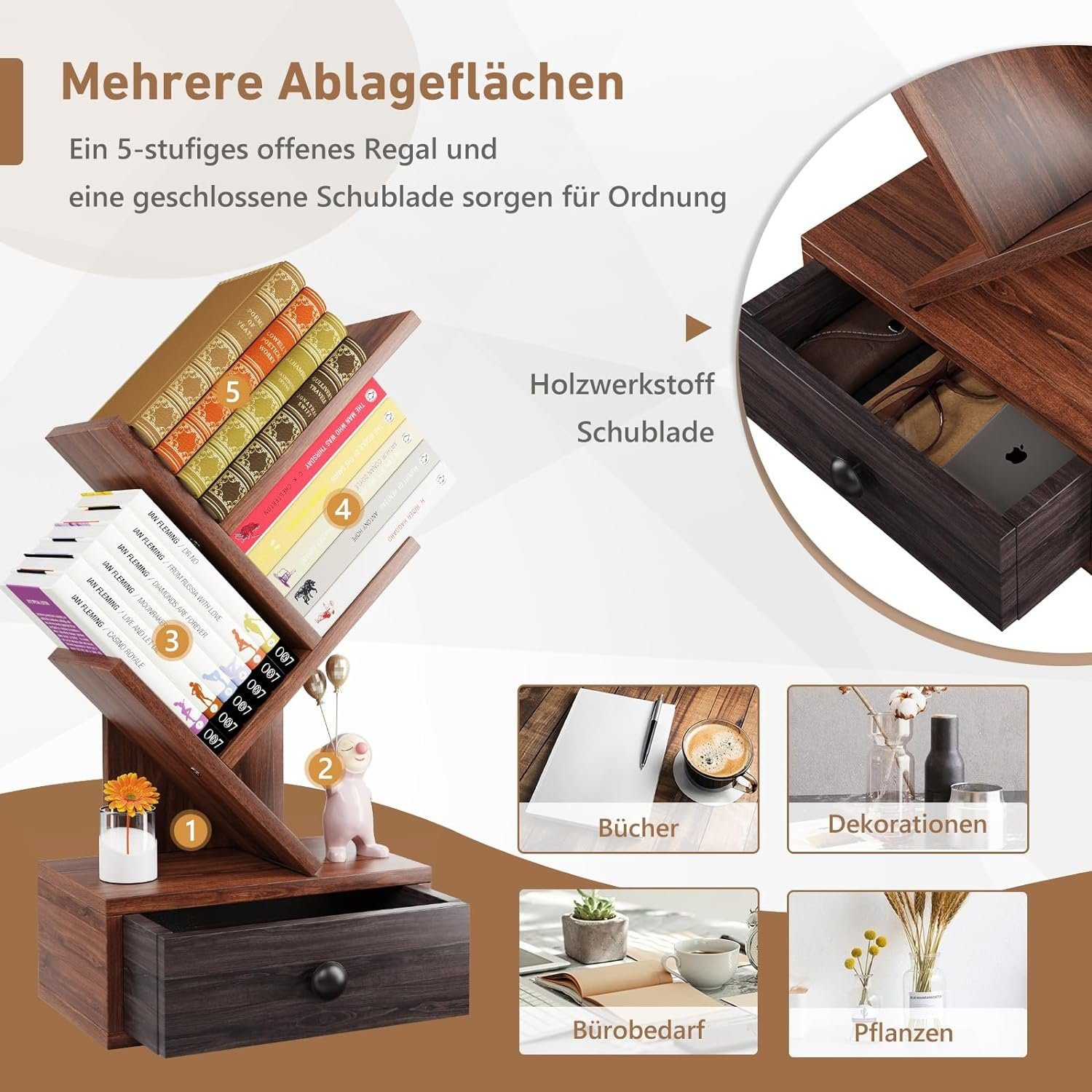 x mit 17,5 30 in Bücherregal braun Baumform, 60cm KOMFOTTEU x Schublade,