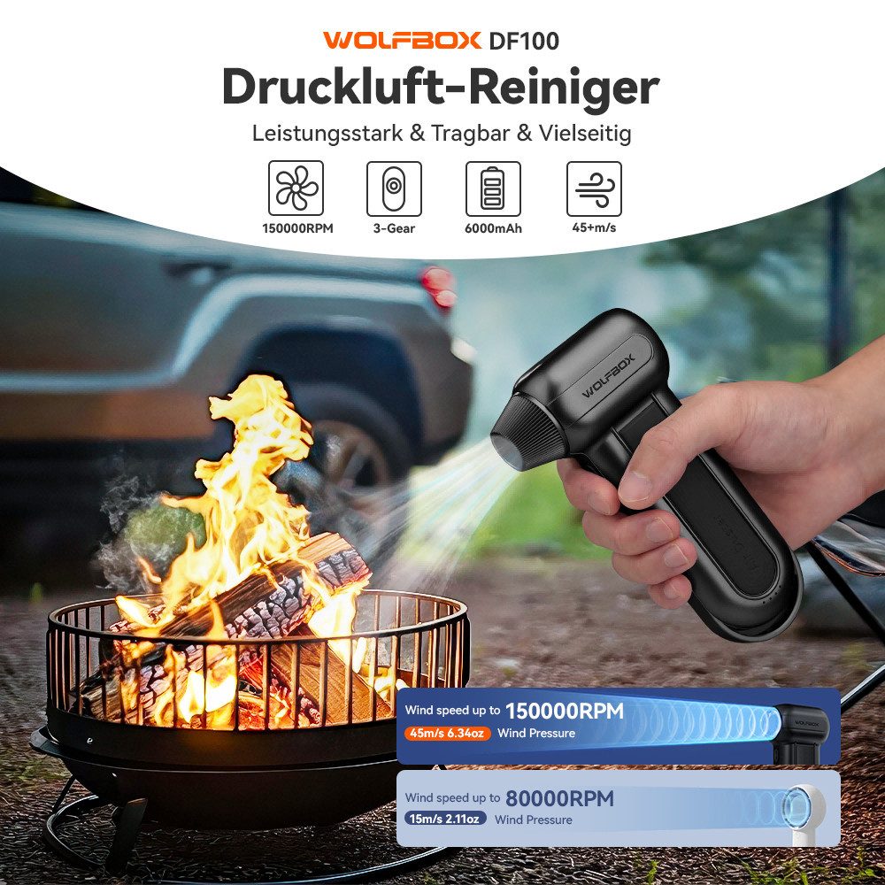 WOLFBOX Akku-Druckreiniger DF100 Akku-Druckluftreiniger 150000 U/min, (1 tlg), 3 Geschwindigkeiten, Luftgebläse