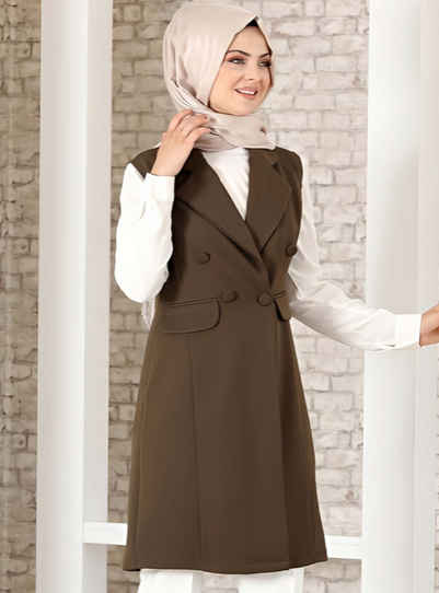 fashionshowcase Longtunika Damen Weste mit Knopfdetail und Kragen Lange Tunika-Weste Hijab Mode blickdicht, mit Kreppstoff